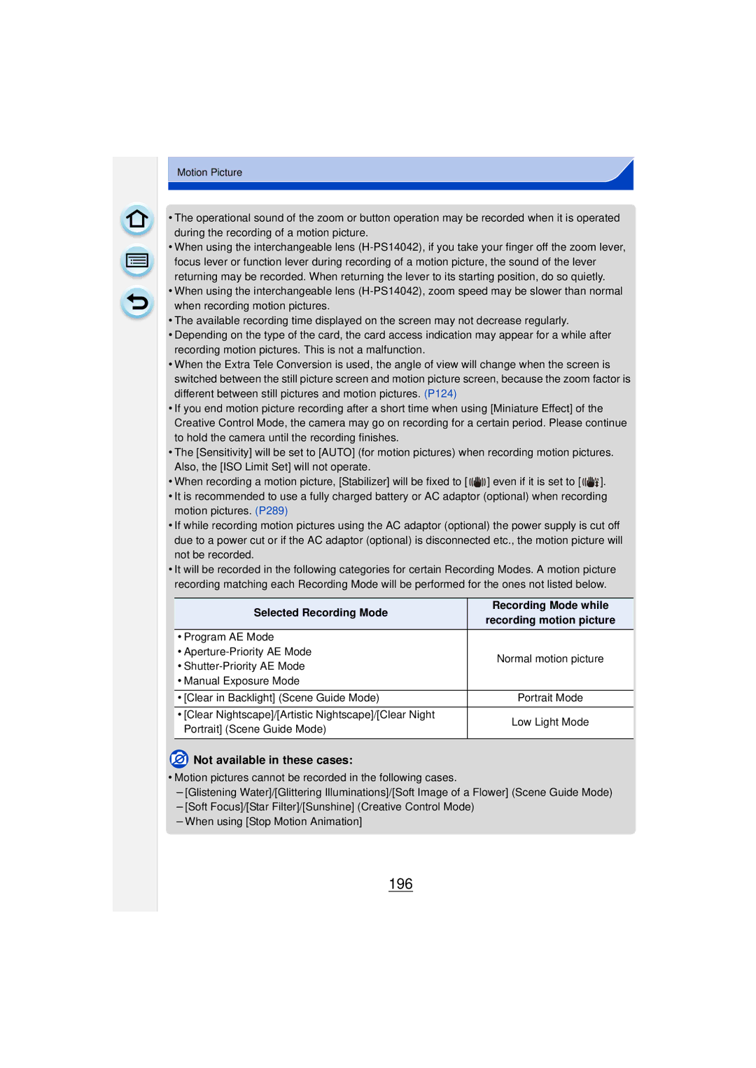 Panasonic DMCGF6KK owner manual 196, Selected Recording Mode Recording Mode while 