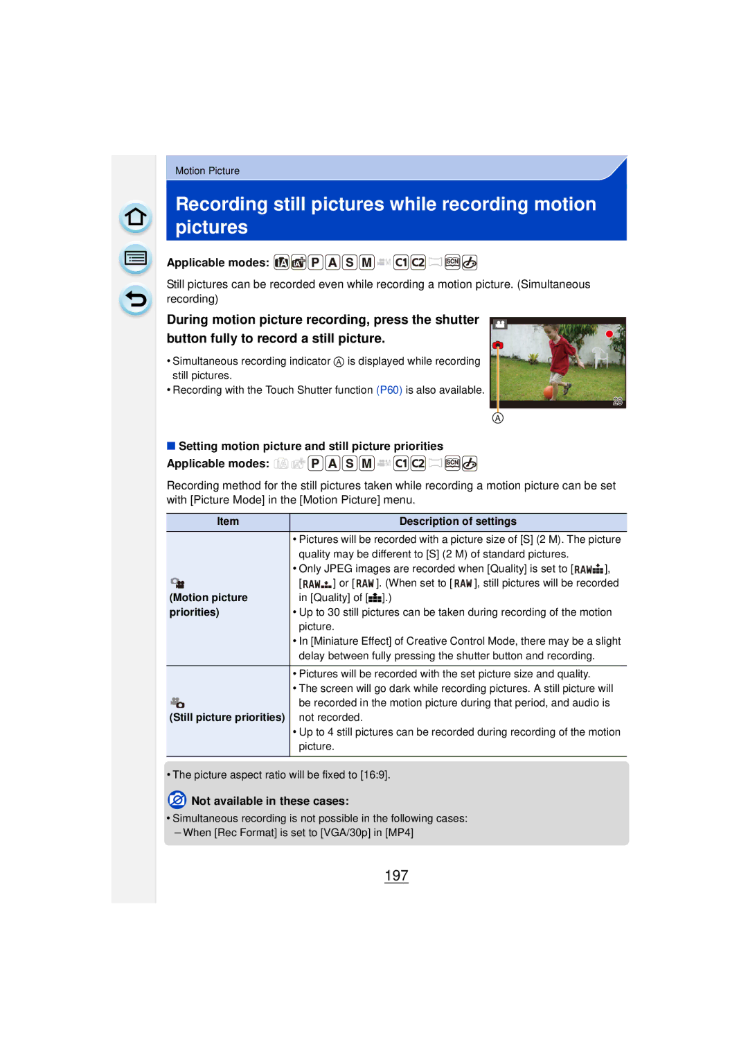 Panasonic DMCGF6KK owner manual Recording still pictures while recording motion pictures, 197, Motion picture, Priorities 