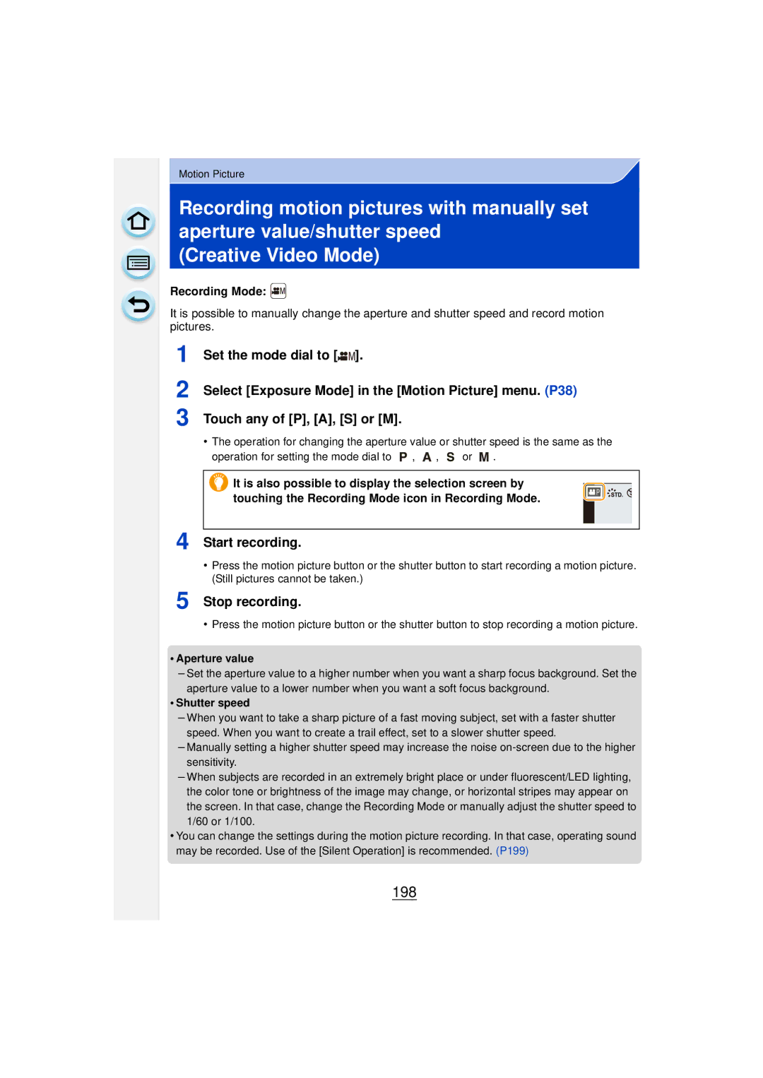 Panasonic DMCGF6KK owner manual 198, Start recording, Stop recording, Aperture value 