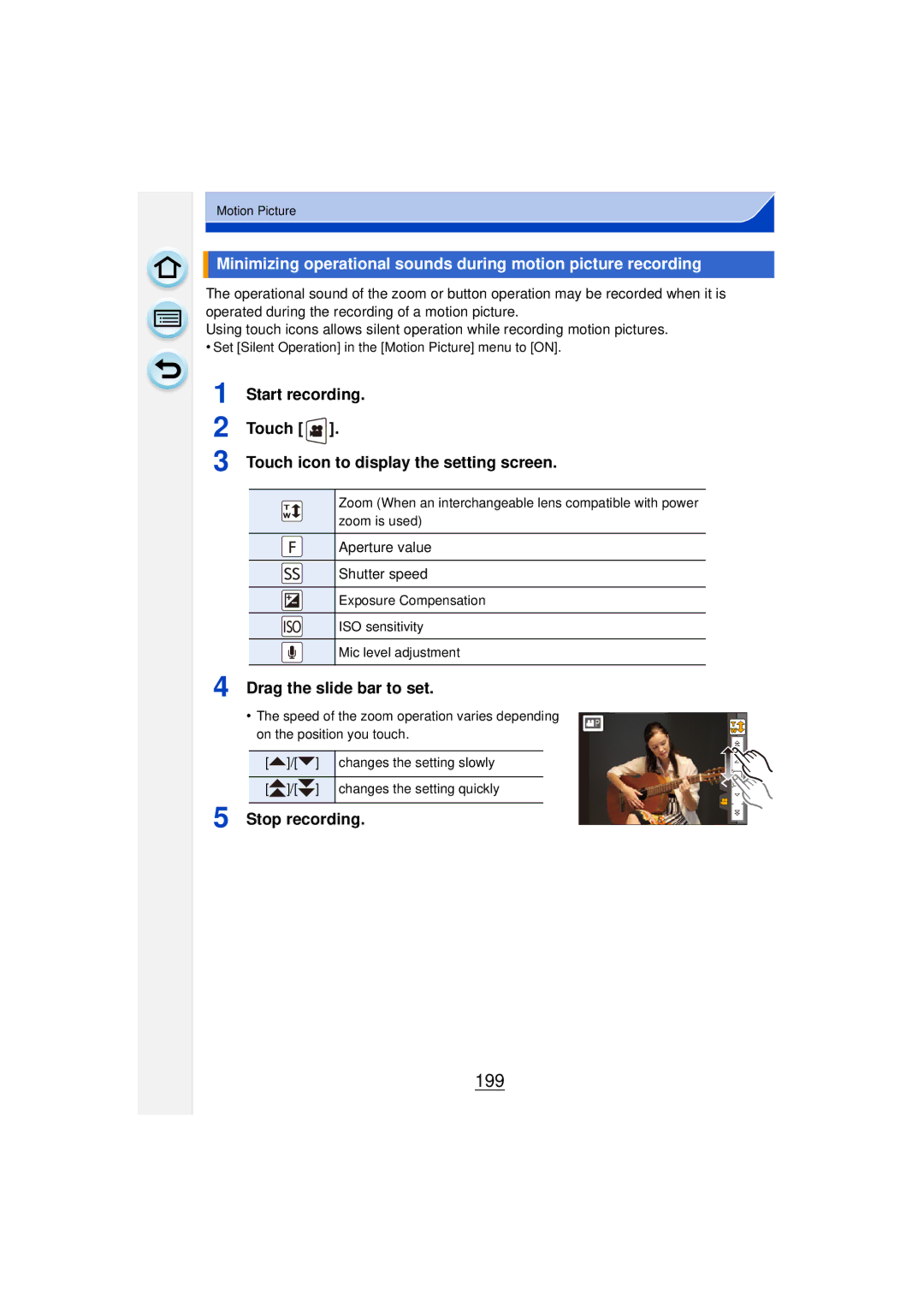 Panasonic DMCGF6KK owner manual 199, Touch icon to display the setting screen, Drag the slide bar to set 