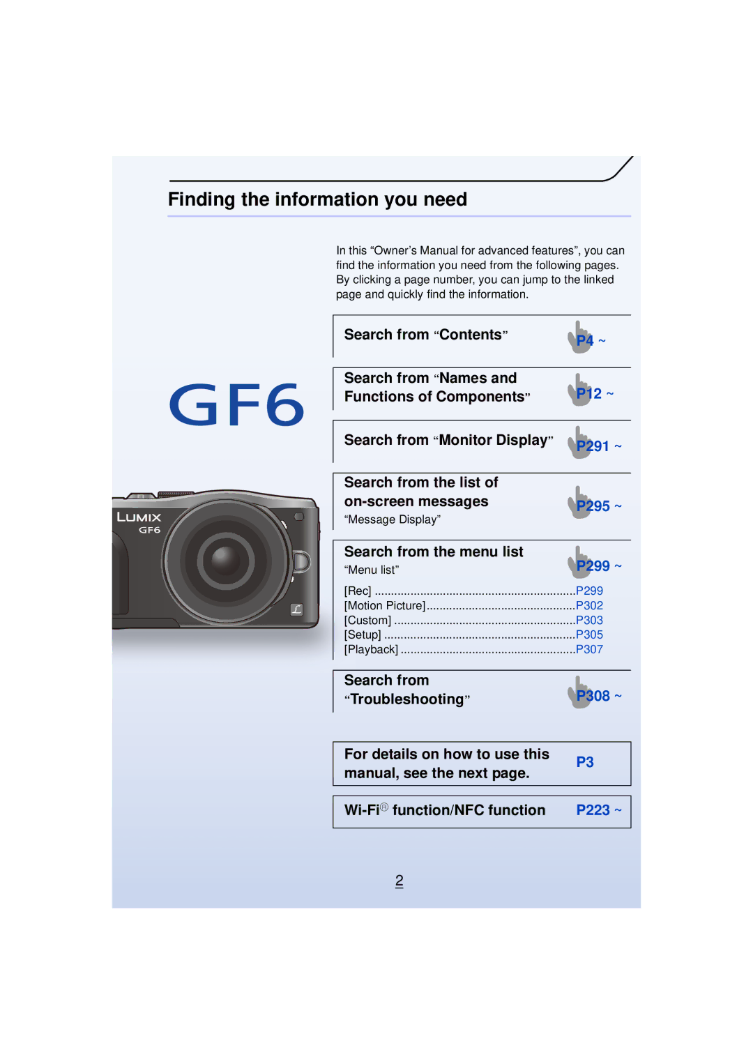 Panasonic DMCGF6KK owner manual P299, P302, P303, P305, P307 