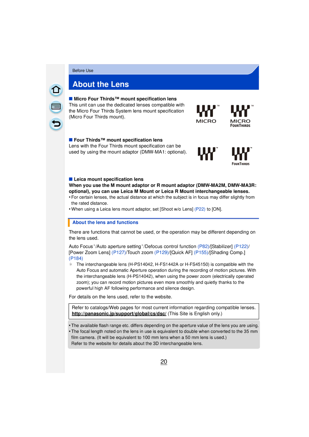 Panasonic DMCGF6KK owner manual About the Lens, Micro Four Thirds mount specification lens, Leica mount specification lens 