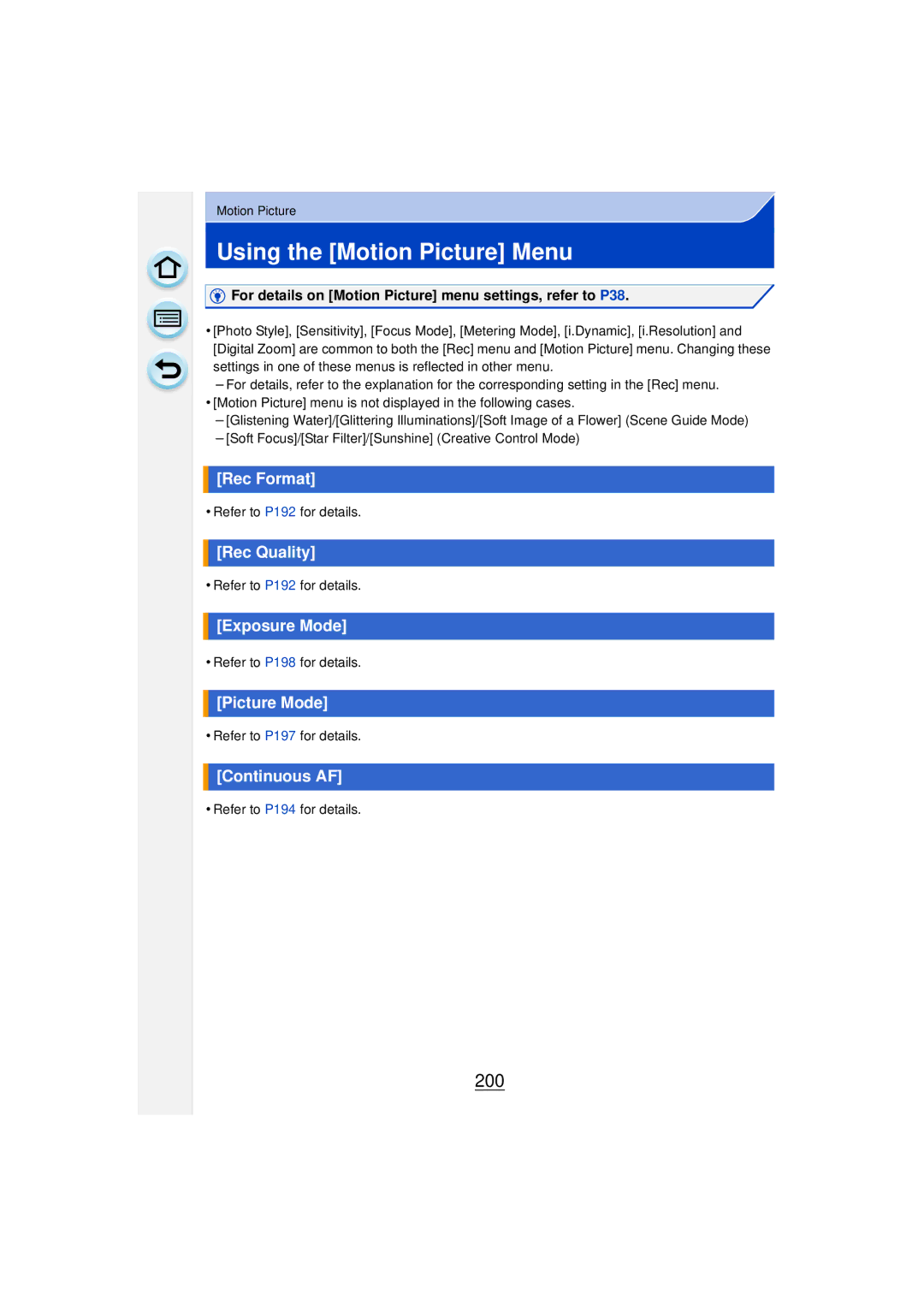 Panasonic DMCGF6KK owner manual Using the Motion Picture Menu, 200 