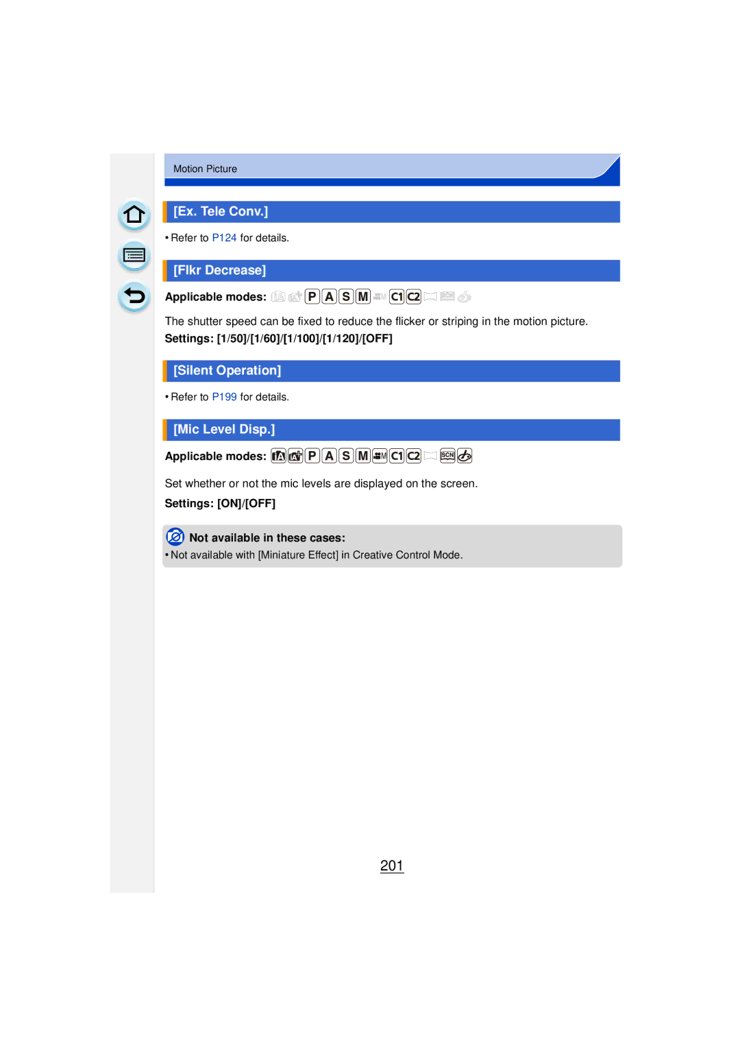 Panasonic DMCGF6KK owner manual 201, Flkr Decrease, Silent Operation, Mic Level Disp 