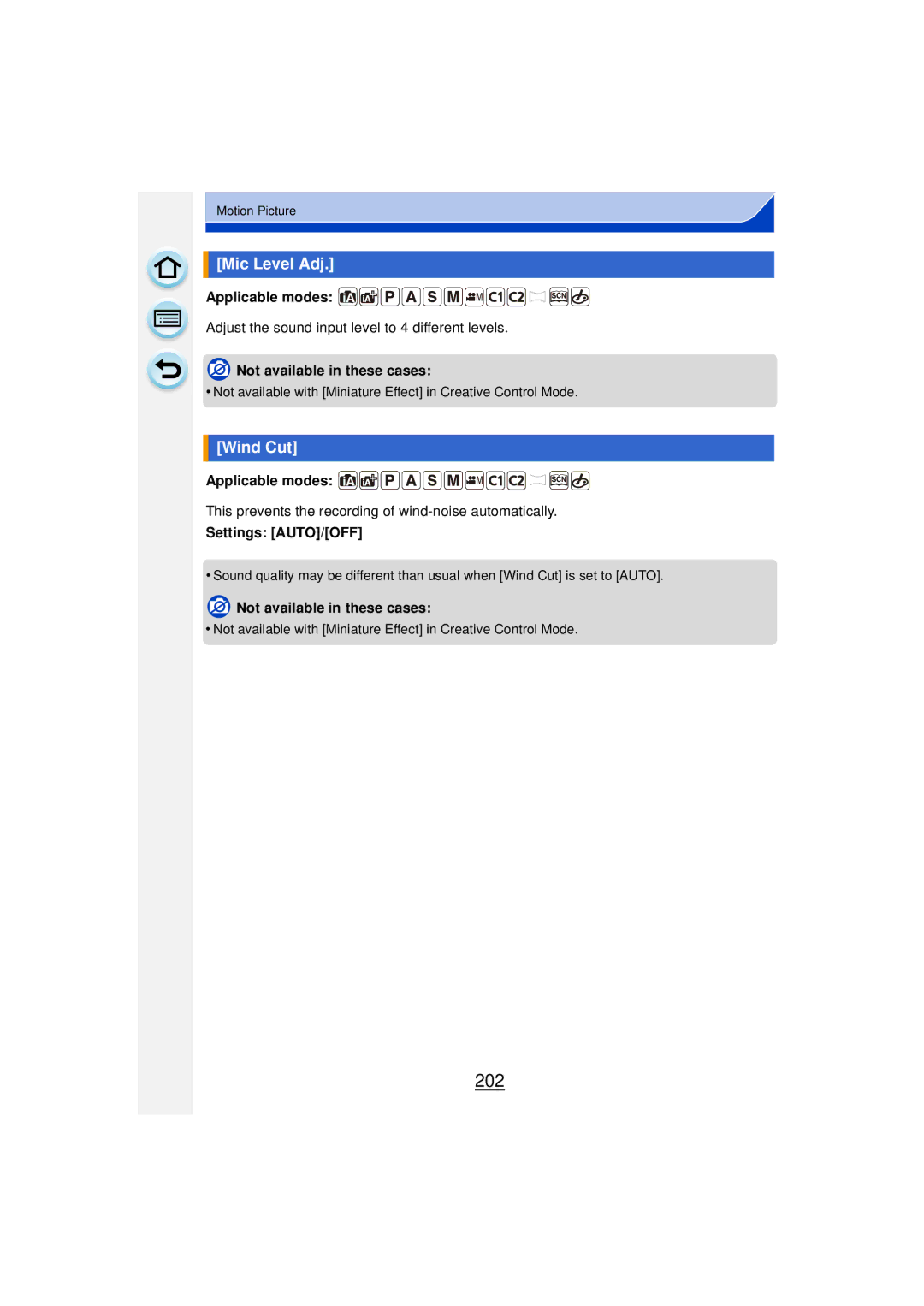 Panasonic DMCGF6KK owner manual 202, Mic Level Adj, Wind Cut, Settings AUTO/OFF 