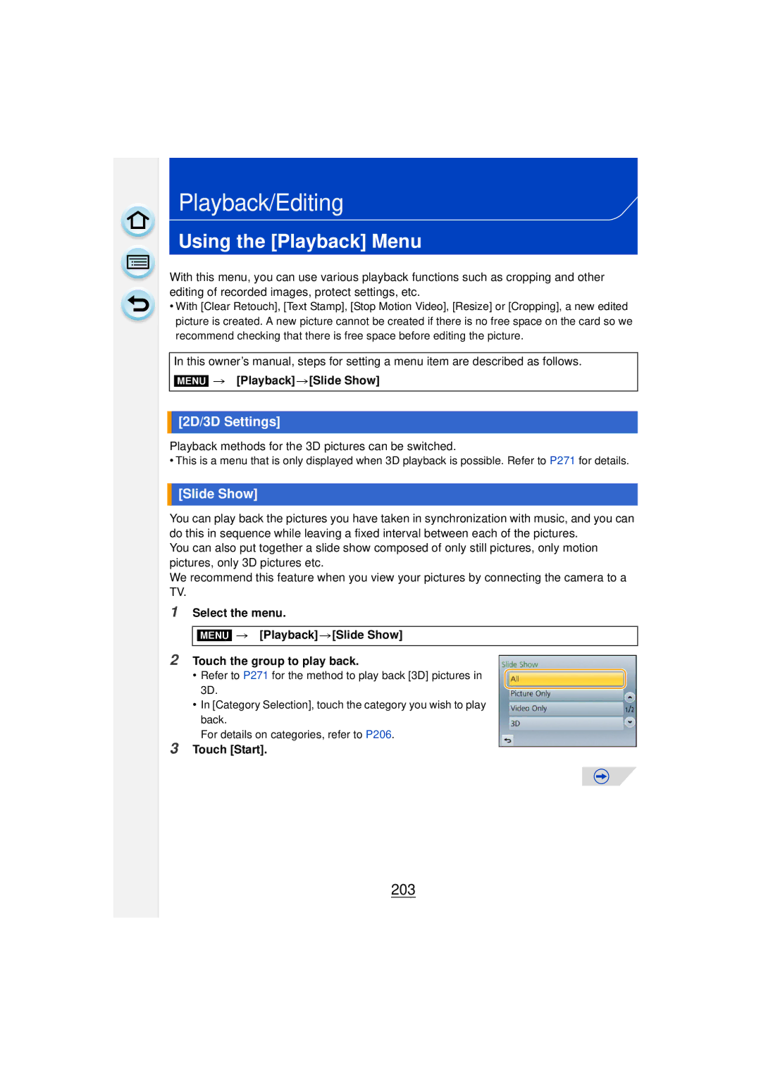 Panasonic DMCGF6KK owner manual Using the Playback Menu, 203, 2D/3D Settings, Slide Show 