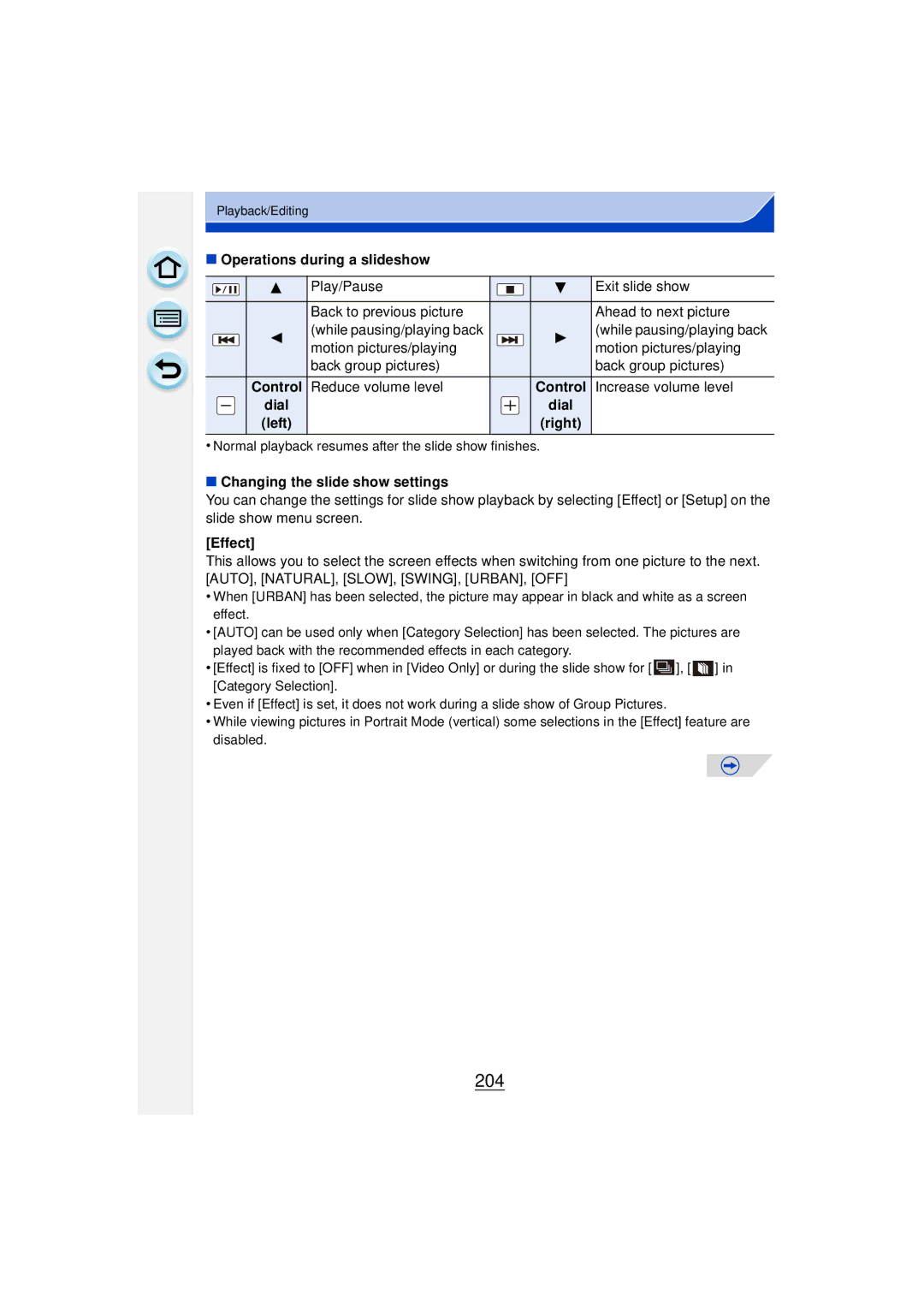 Panasonic DMCGF6KK owner manual 204, Operations during a slideshow, Dial, Changing the slide show settings, Effect 