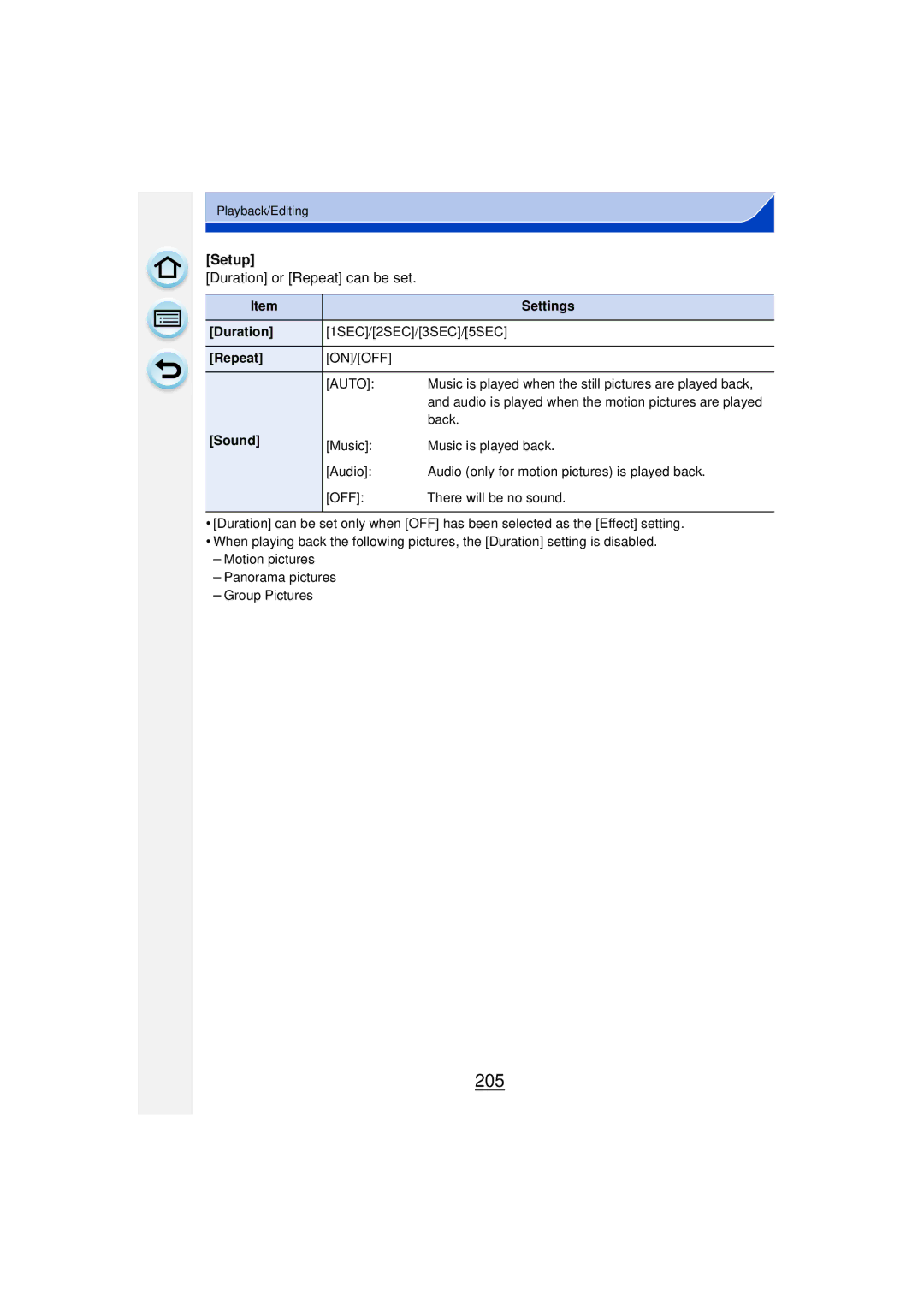 Panasonic DMCGF6KK owner manual 205, Duration or Repeat can be set 