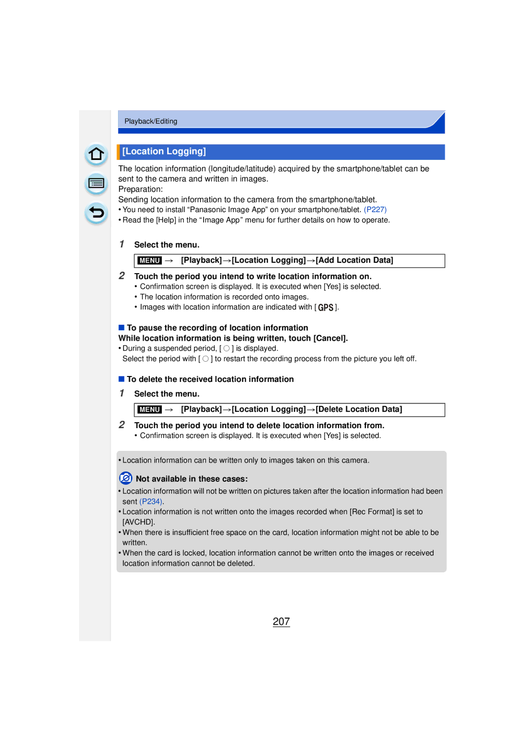 Panasonic DMCGF6KK owner manual 207, Location Logging 