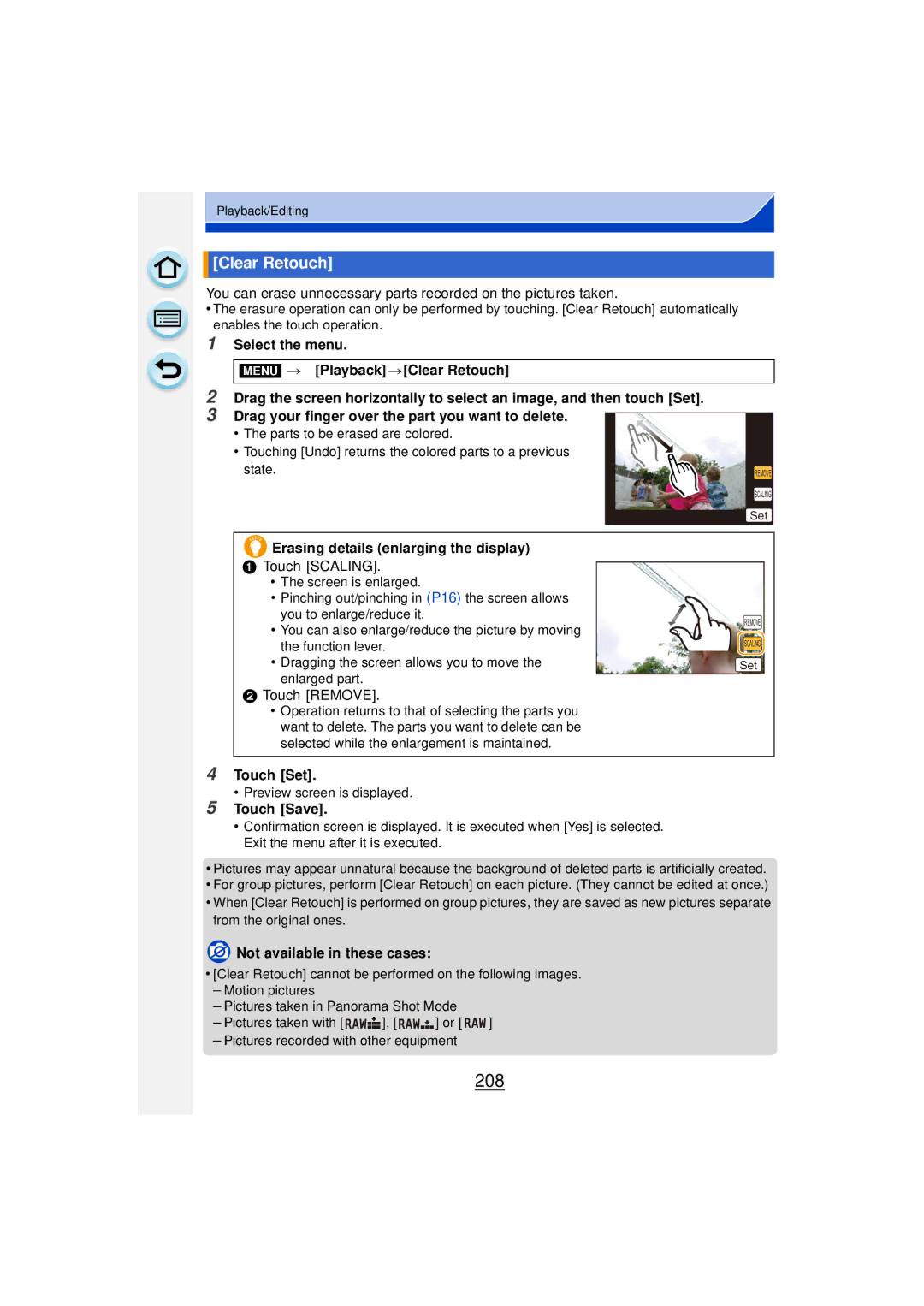 Panasonic DMCGF6KK owner manual 208, Clear Retouch, Erasing details enlarging the display, Touch Save 