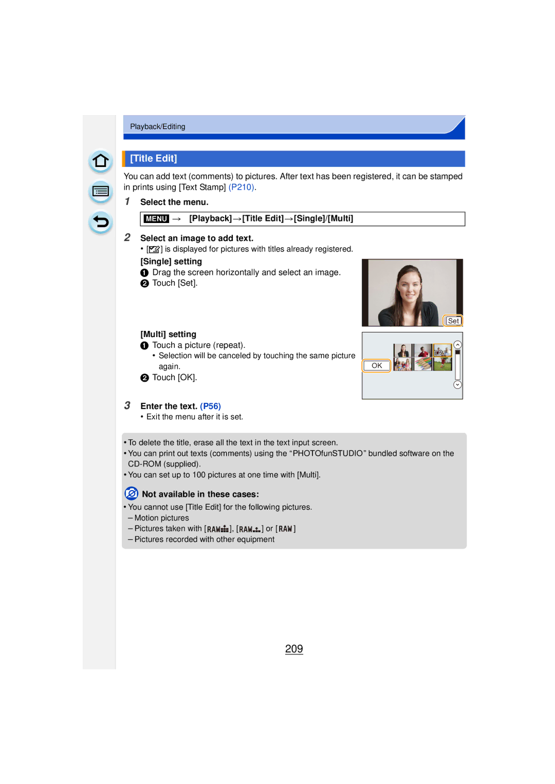 Panasonic DMCGF6KK owner manual 209, Title Edit, Single setting, Multi setting, Enter the text. P56 