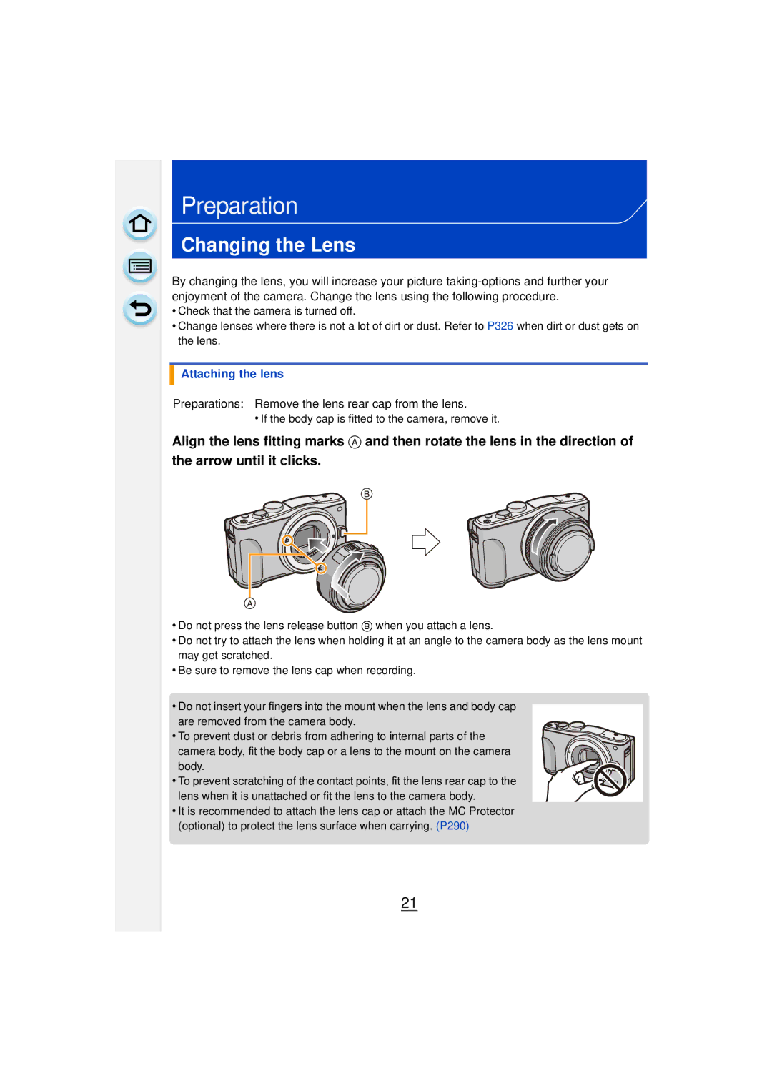 Panasonic DMCGF6KK owner manual Changing the Lens, Attaching the lens, Preparations Remove the lens rear cap from the lens 