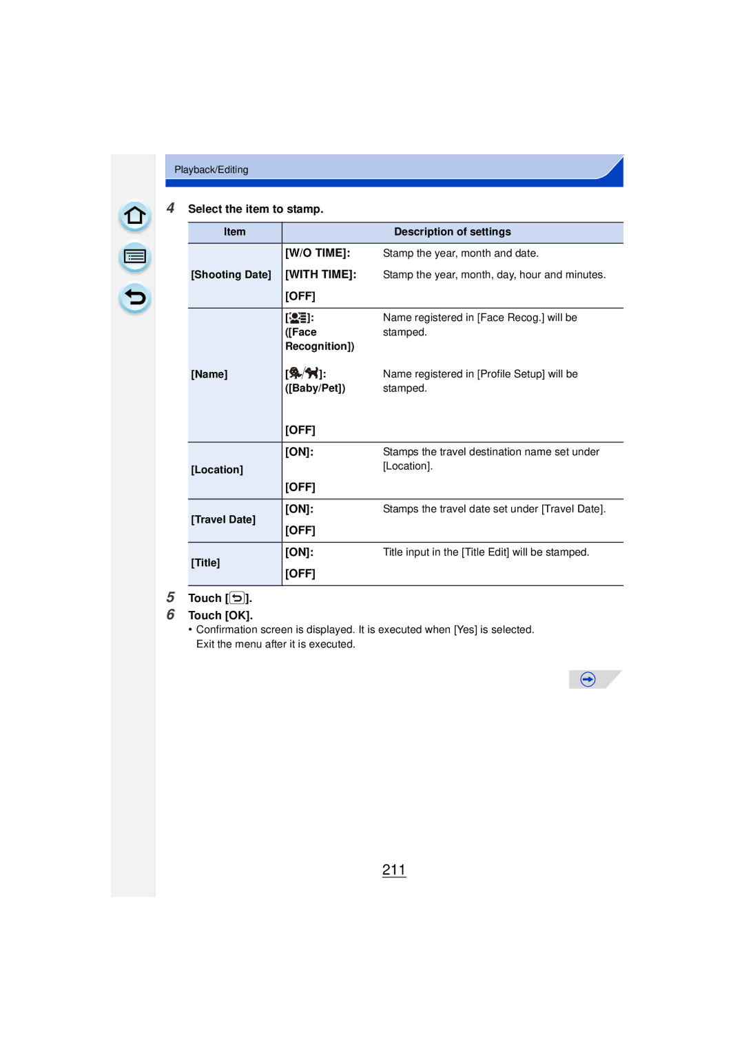 Panasonic DMCGF6KK owner manual 211, Select the item to stamp, Touch Touch OK 