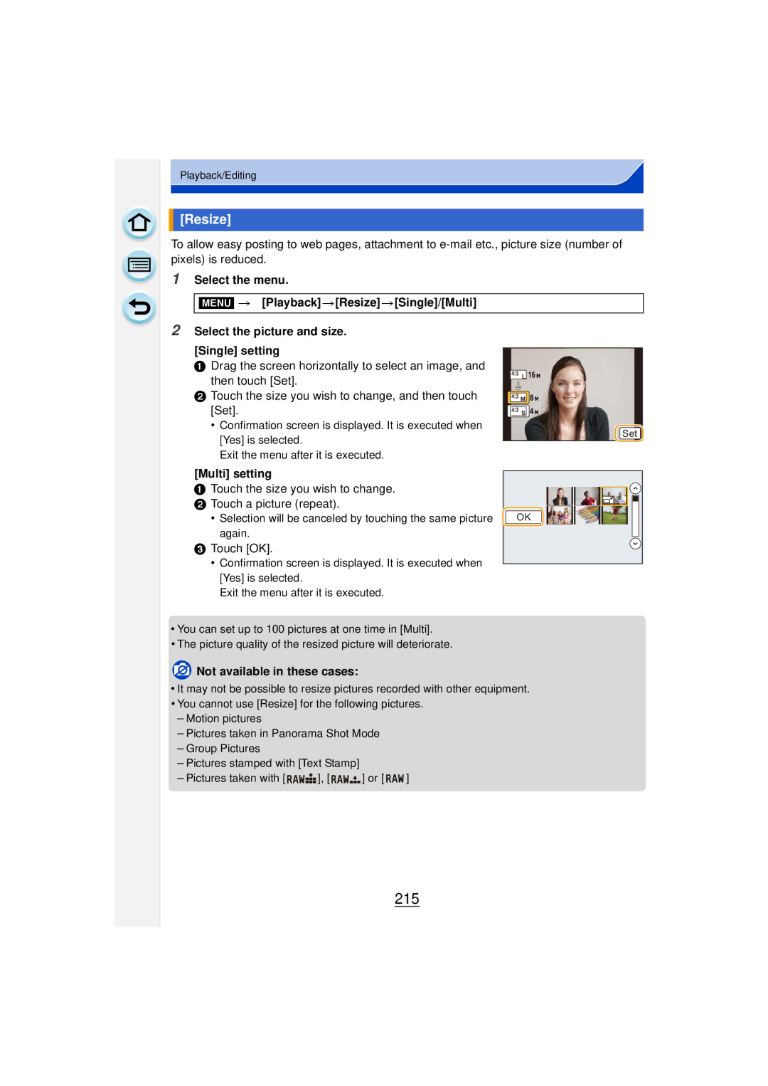 Panasonic DMCGF6KK owner manual 215, Resize, Touch the size you wish to change Touch a picture repeat 