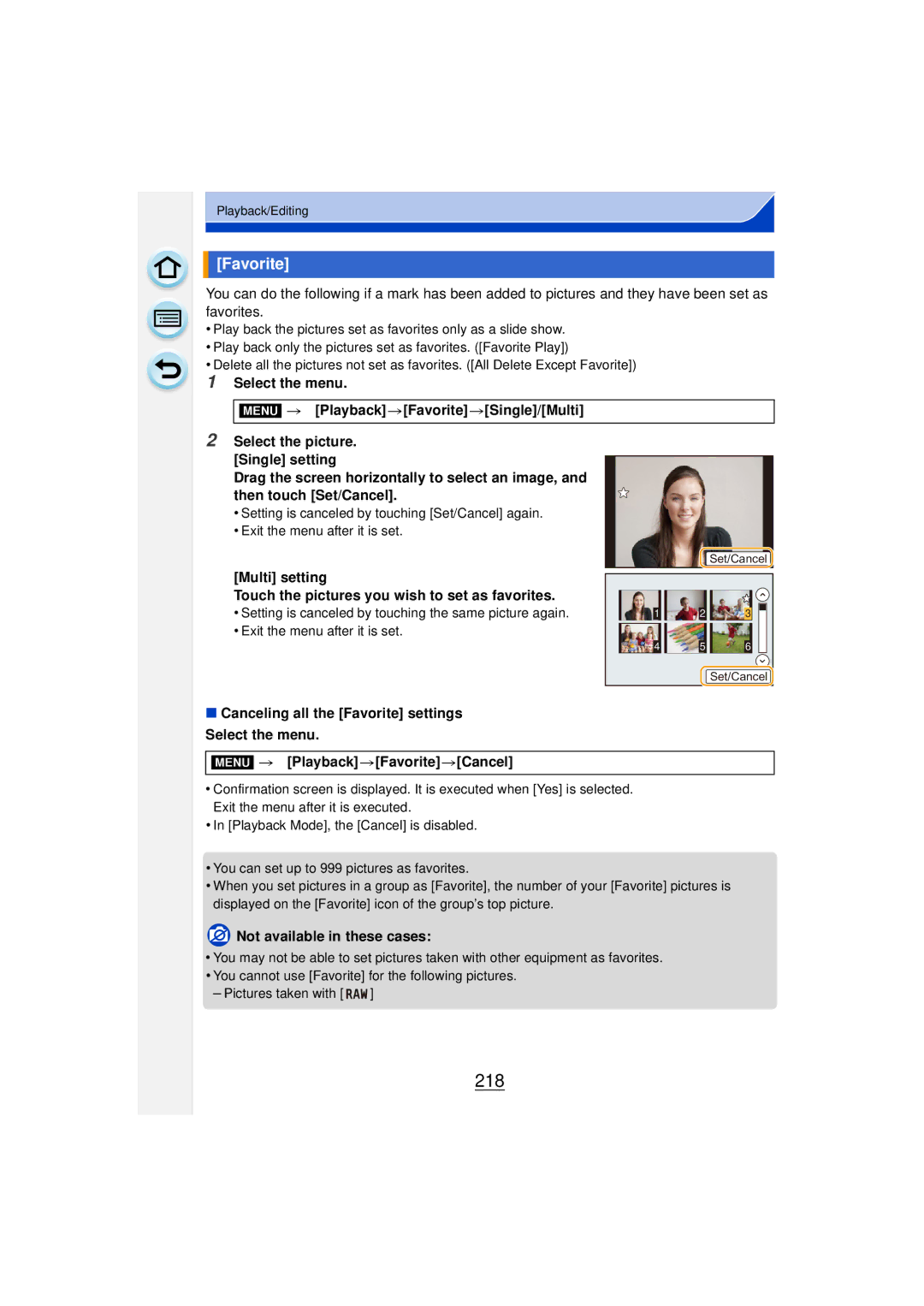 Panasonic DMCGF6KK 218, Select the menu Menu PlaybackFavoriteSingle/Multi, Select the picture. Single setting 