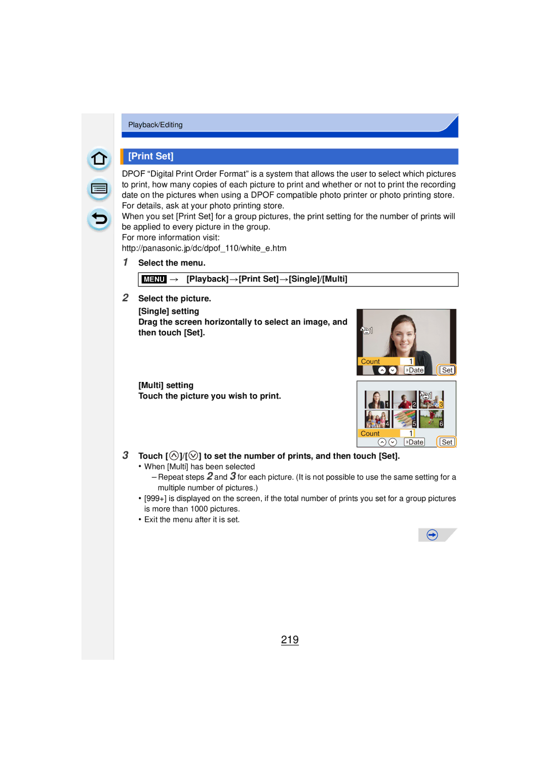 Panasonic DMCGF6KK owner manual 219, Print Set, Touch / to set the number of prints, and then touch Set 