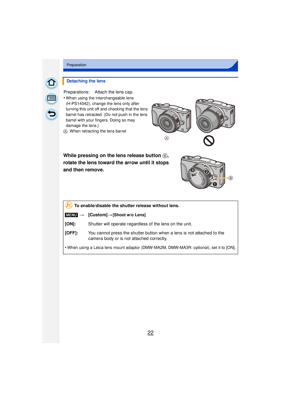 Panasonic DMCGF6KK owner manual Detaching the lens, Preparations Attach the lens cap, Menu CustomShoot w/o Lens 