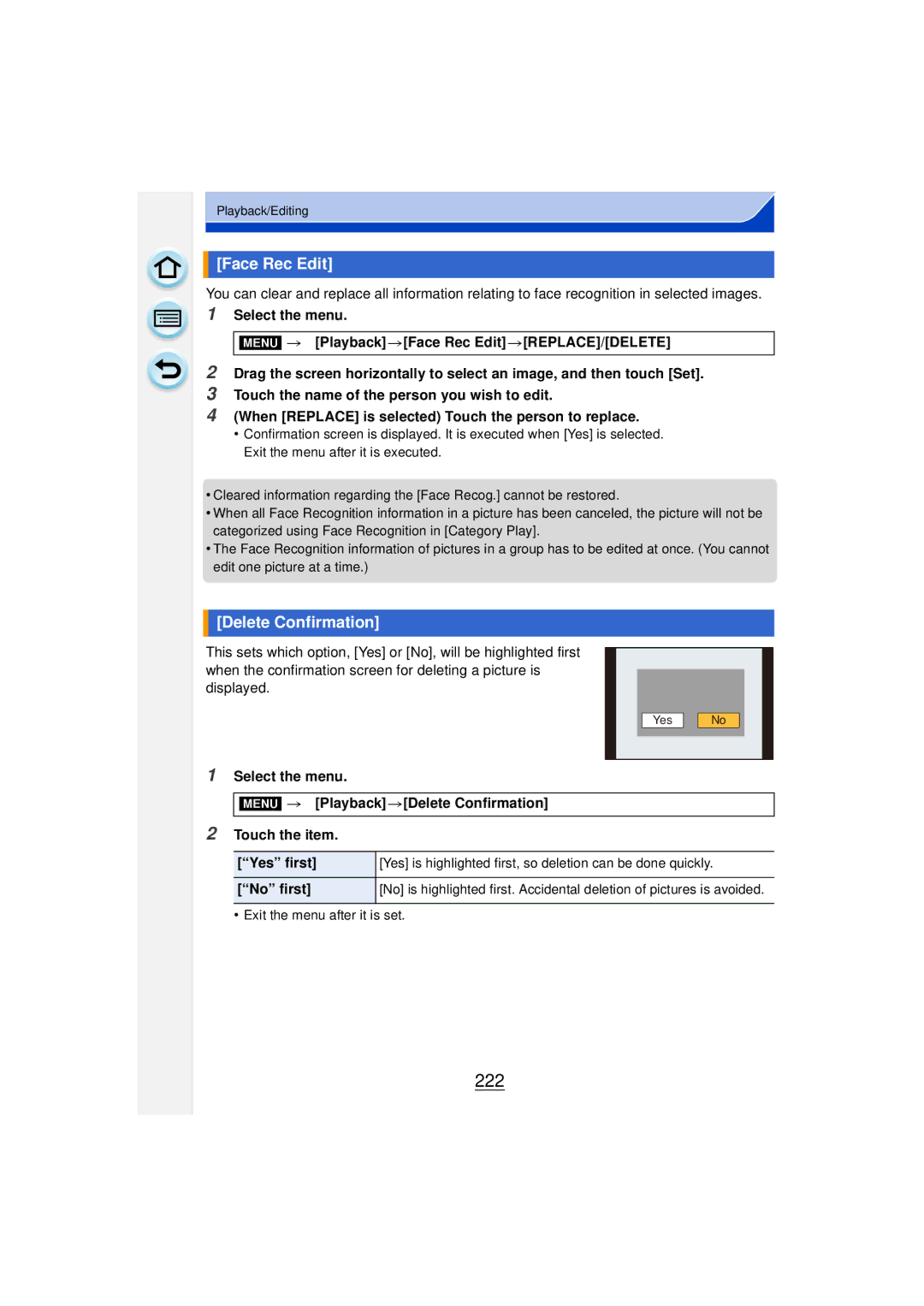 Panasonic DMCGF6KK owner manual 222, Face Rec Edit, Delete Confirmation, No first 