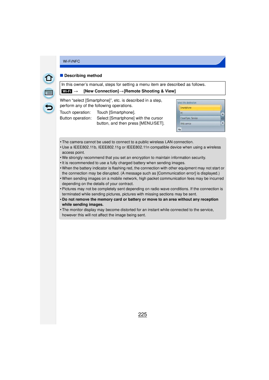 Panasonic DMCGF6KK owner manual 225, Describing method Wi-Fi New ConnectionRemote Shooting & View 