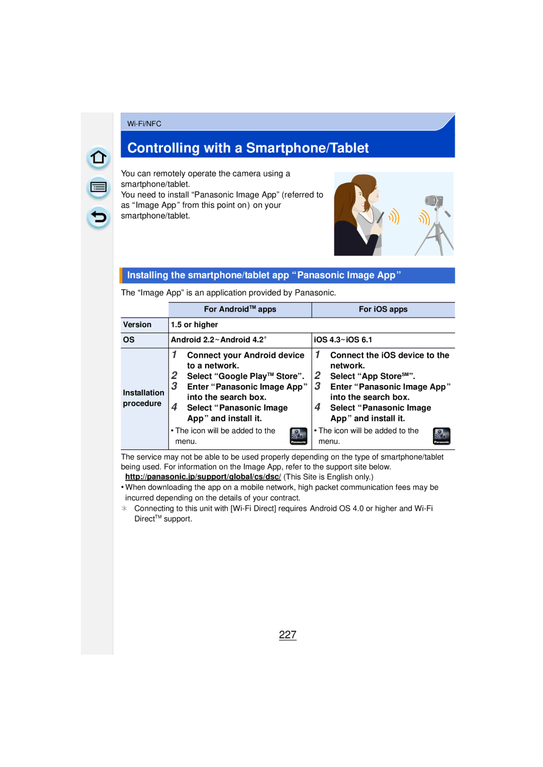 Panasonic DMCGF6KK Controlling with a Smartphone/Tablet, 227, Installing the smartphone/tablet app Panasonic Image App 
