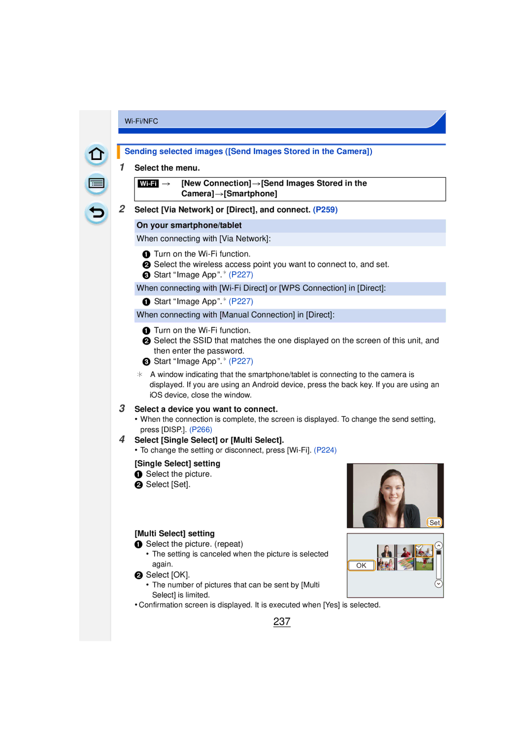 Panasonic DMCGF6KK 237, Sending selected images Send Images Stored in the Camera, Select Single Select or Multi Select 