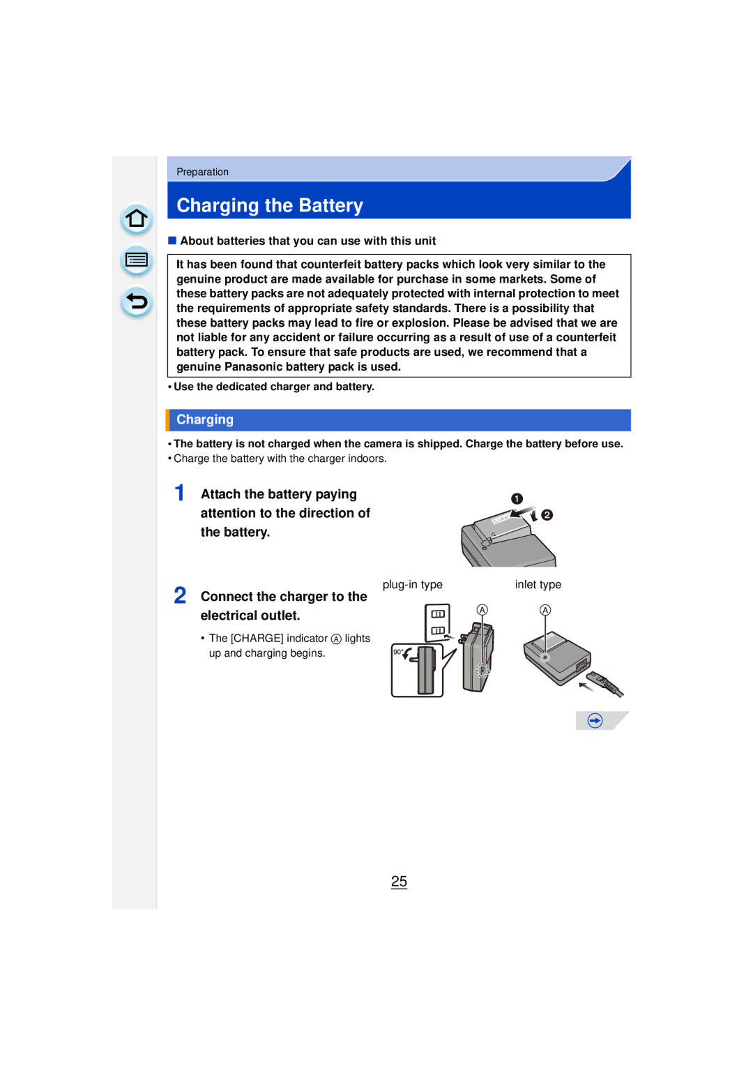 Panasonic DMCGF6KK owner manual Charging the Battery, Connect the charger to the electrical outlet, Plug-in type Inlet type 