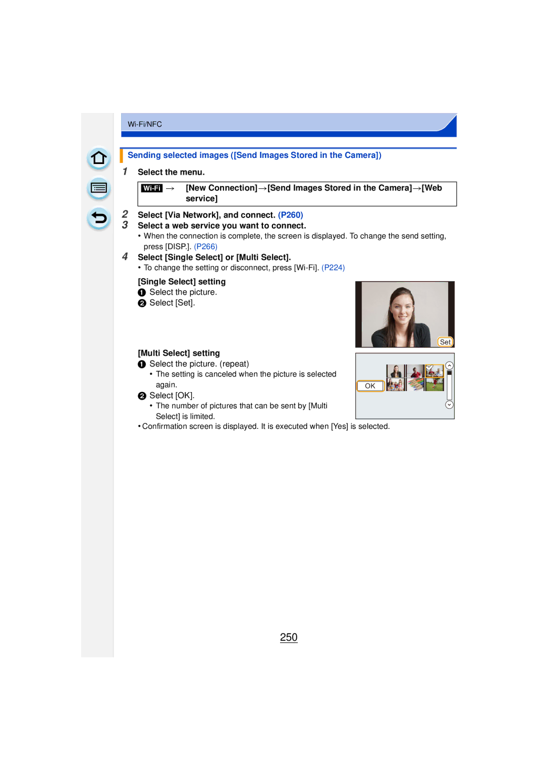 Panasonic DMCGF6KK owner manual 250, Sending selected images Send Images Stored in the Camera 