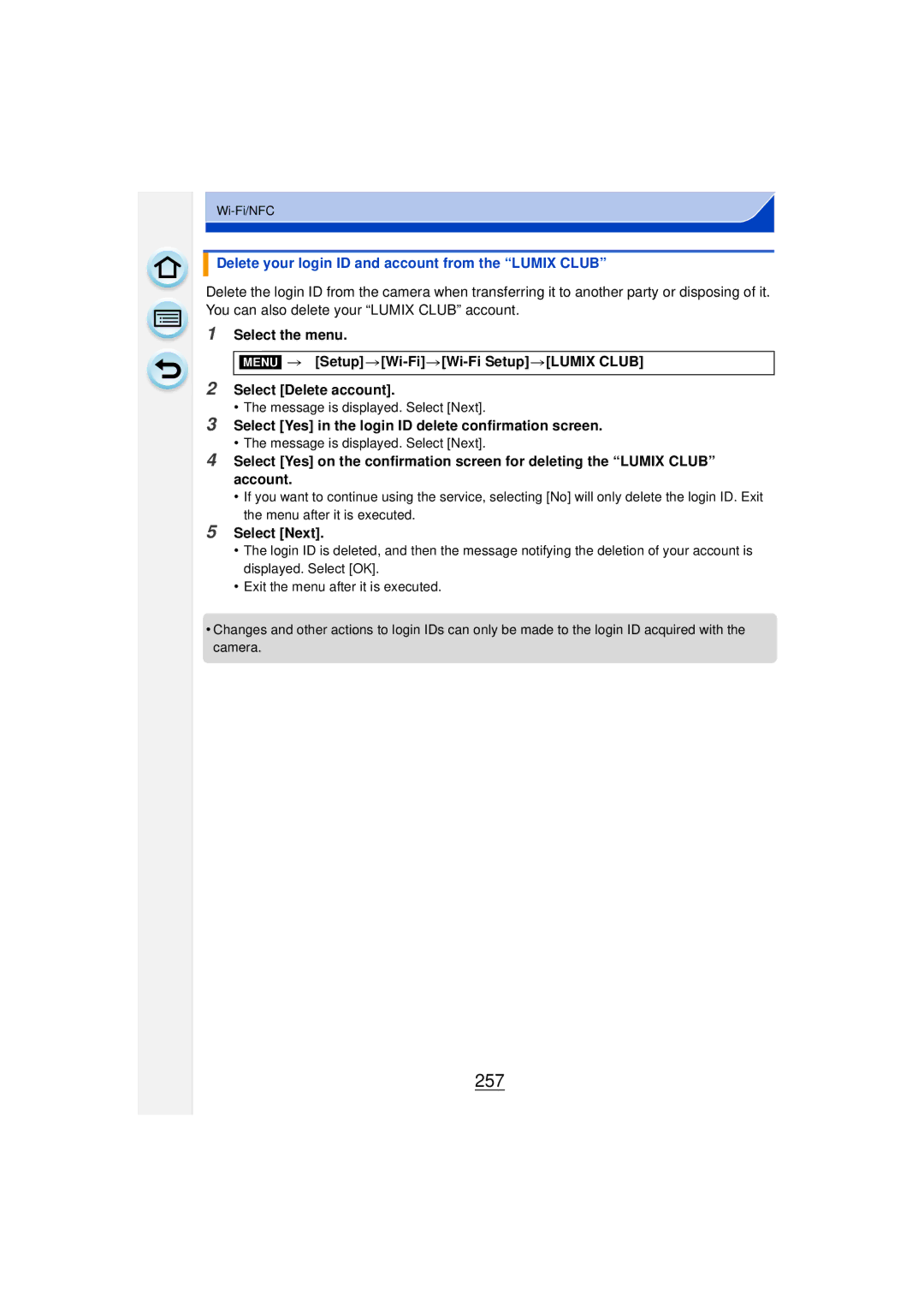 Panasonic DMCGF6KK owner manual 257, Delete your login ID and account from the Lumix Club, Select Next 