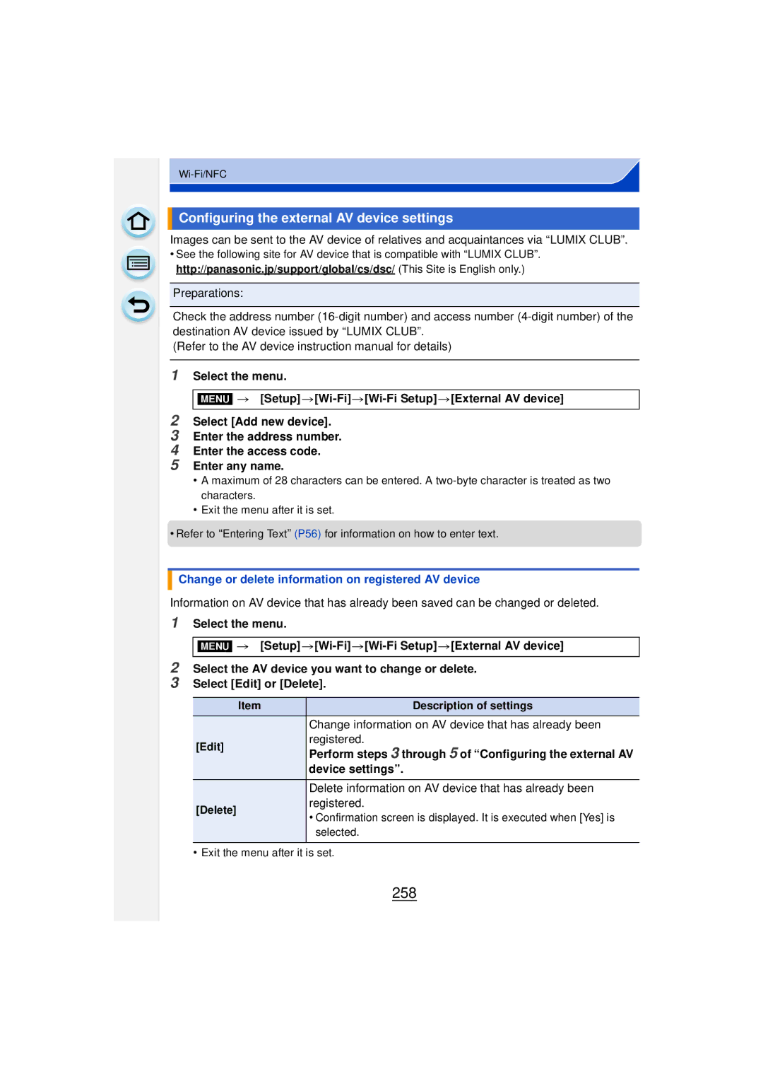 Panasonic DMCGF6KK 258, Configuring the external AV device settings, Change or delete information on registered AV device 