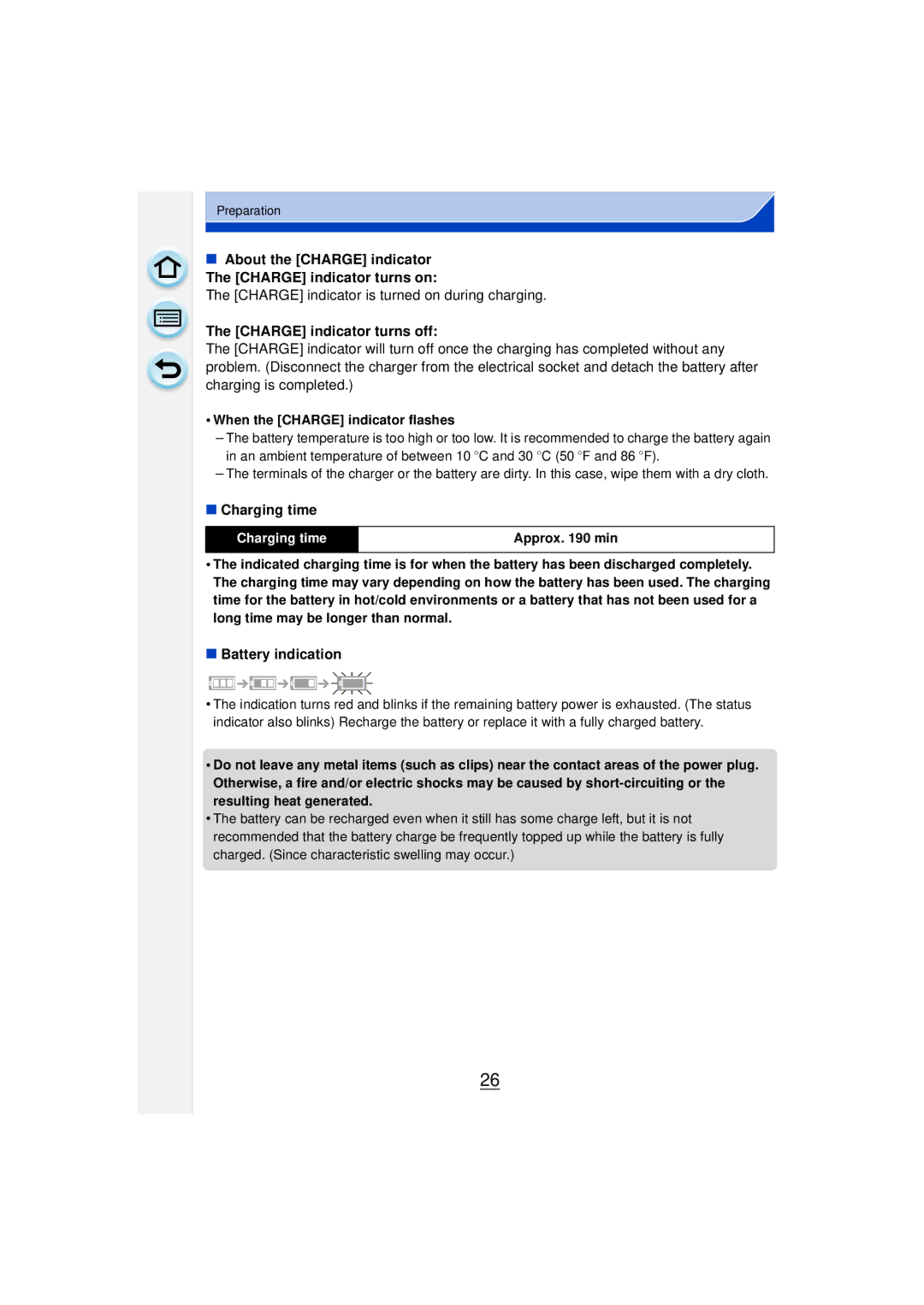 Panasonic DMCGF6KK owner manual Charge indicator is turned on during charging, Charge indicator turns off, Charging time 