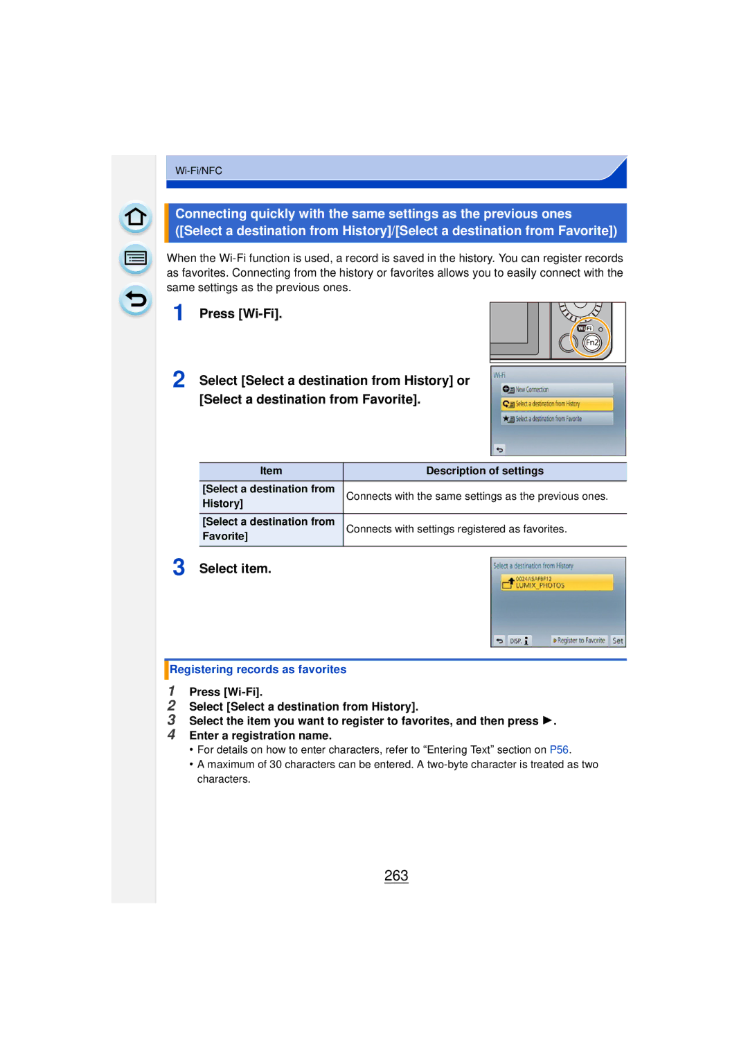 Panasonic DMCGF6KK owner manual 263, Press Wi-Fi, Select item, Registering records as favorites 