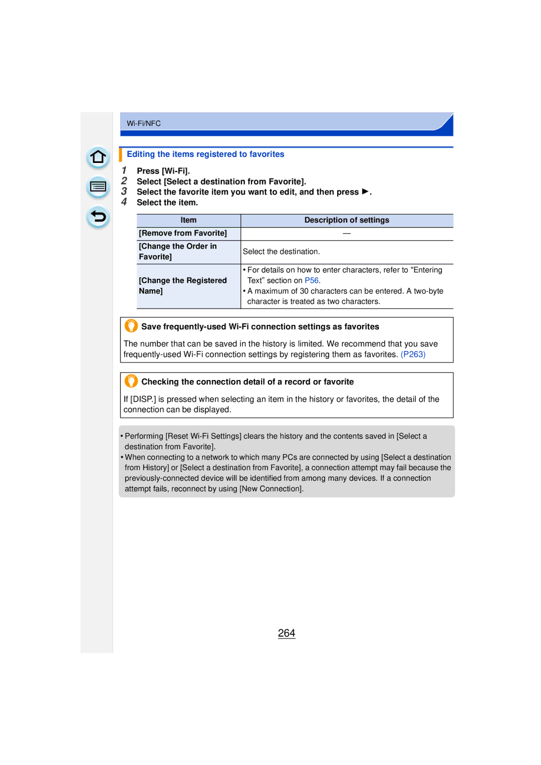 Panasonic DMCGF6KK 264, Editing the items registered to favorites, Checking the connection detail of a record or favorite 