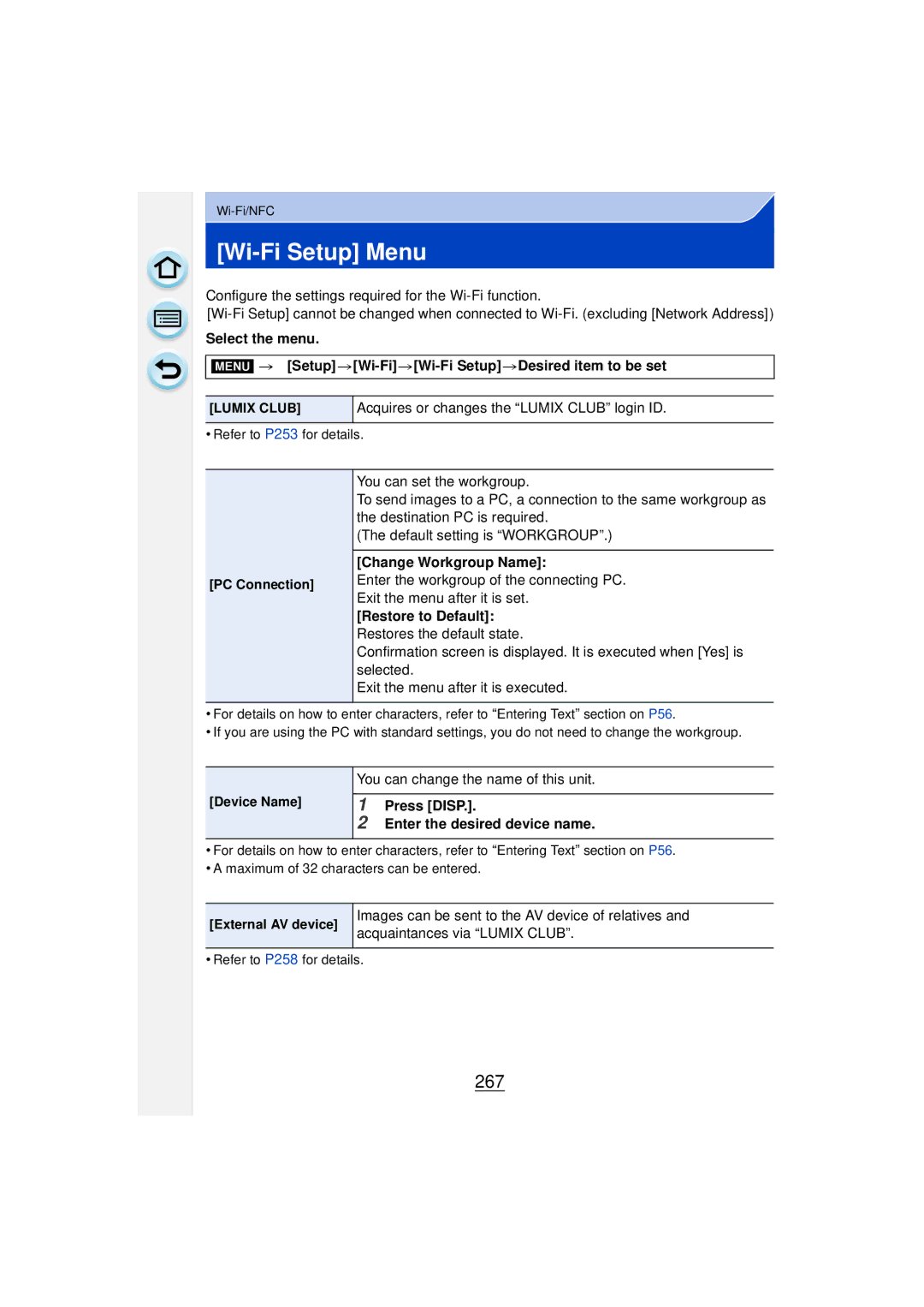 Panasonic DMCGF6KK owner manual Wi-Fi Setup Menu, 267 