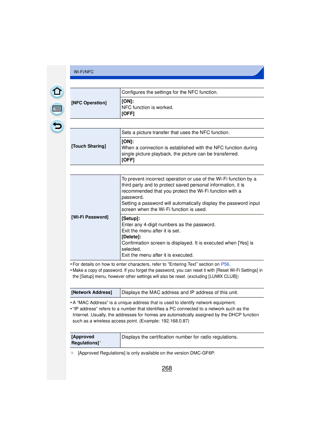 Panasonic DMCGF6KK owner manual 268, Delete, Displays the MAC address and IP address of this unit 