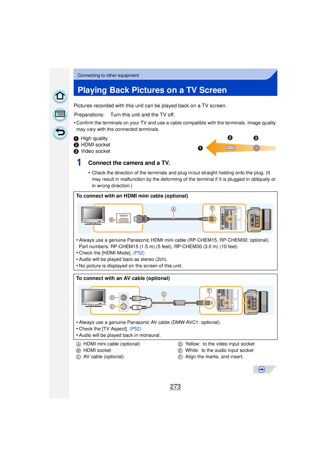 Panasonic DMCGF6KK owner manual Playing Back Pictures on a TV Screen, 273, Connect the camera and a TV 