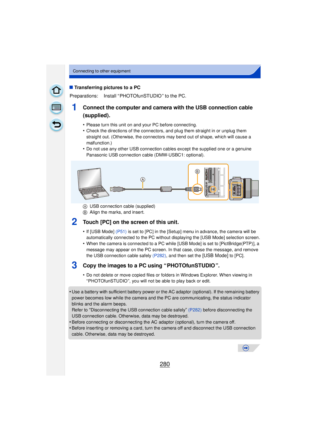 Panasonic DMCGF6KK owner manual 280, Touch PC on the screen of this unit, Copy the images to a PC using PHOTOfunSTUDIO 