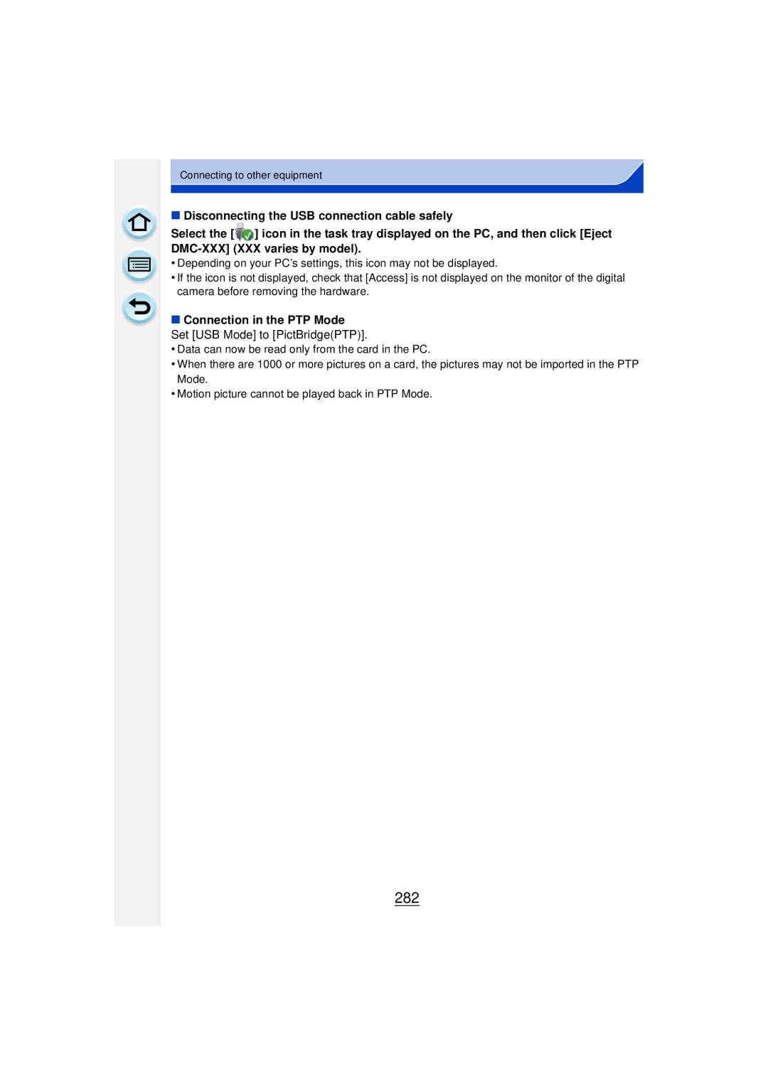 Panasonic DMCGF6KK owner manual 282, Connection in the PTP Mode Set USB Mode to PictBridgePTP 