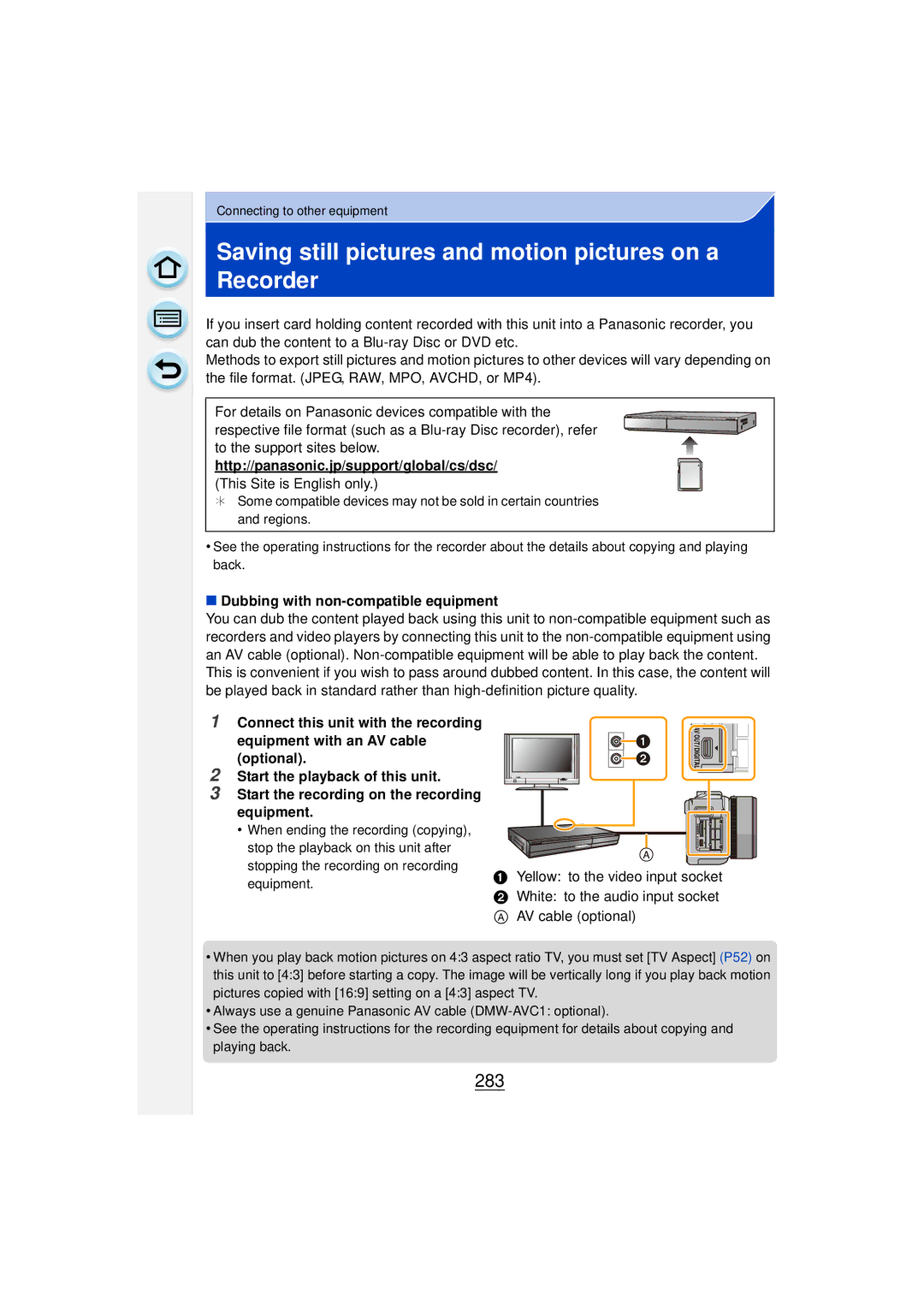 Panasonic DMCGF6KK Saving still pictures and motion pictures on a Recorder, 283, Dubbing with non-compatible equipment 