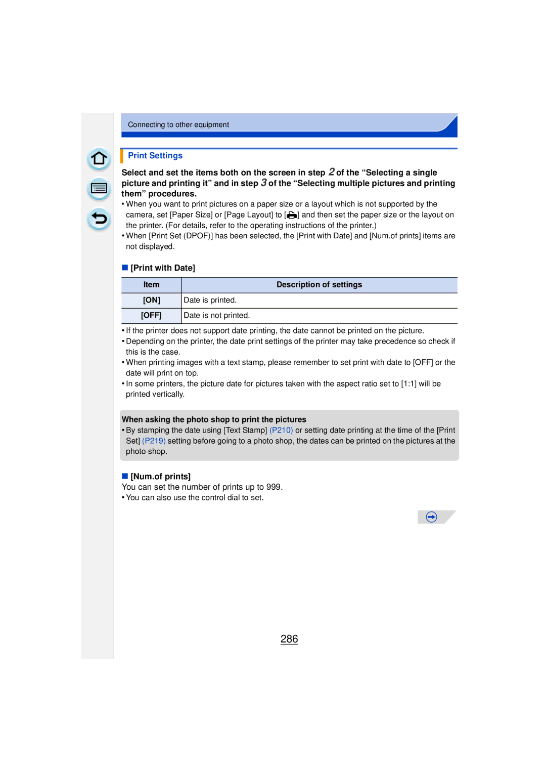 Panasonic DMCGF6KK owner manual 286, Print Settings, Print with Date, Num.of prints, You can set the number of prints up to 