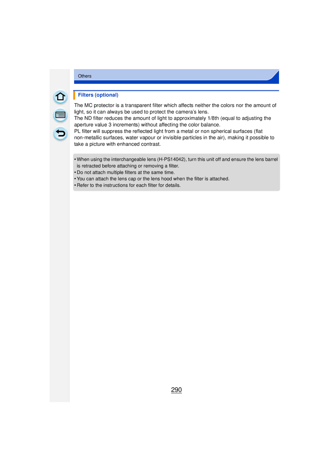 Panasonic DMCGF6KK owner manual 290, Filters optional 