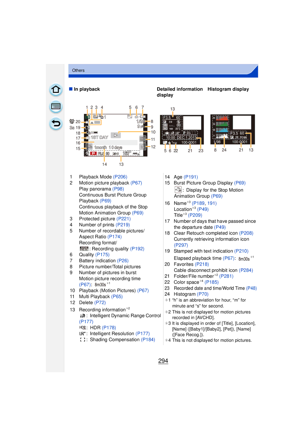 Panasonic DMCGF6KK owner manual 294, Display, Histogram P70, Detailed information Histogram display 