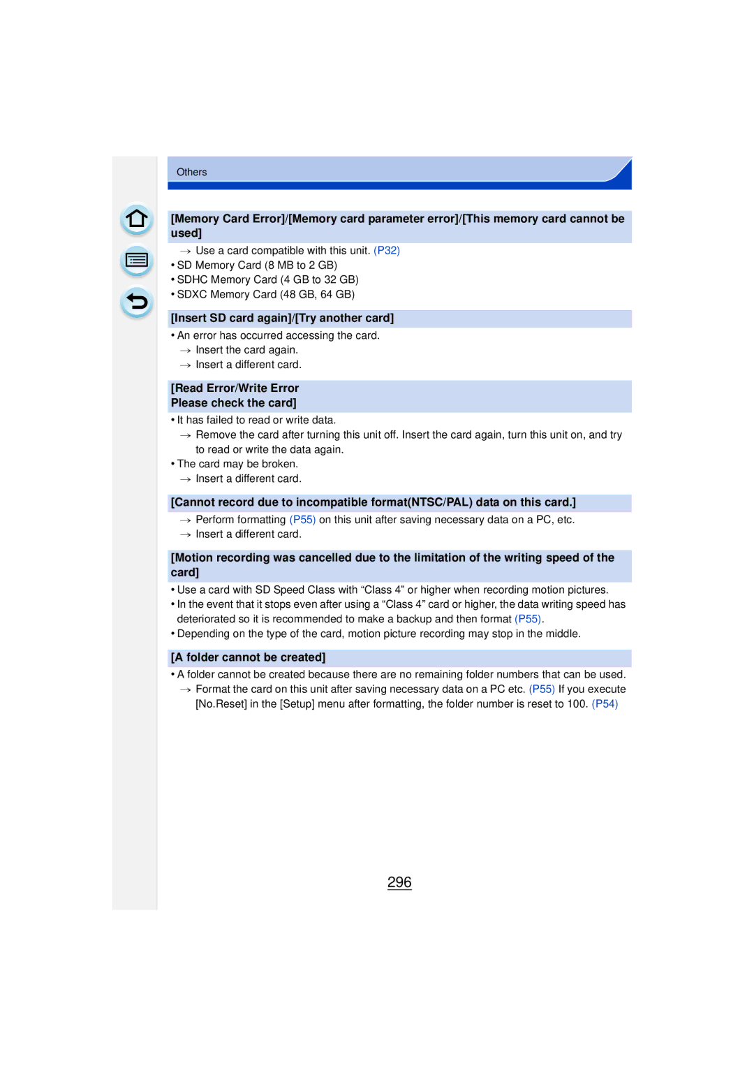 Panasonic DMCGF6KK owner manual 296, Insert SD card again/Try another card, Folder cannot be created 