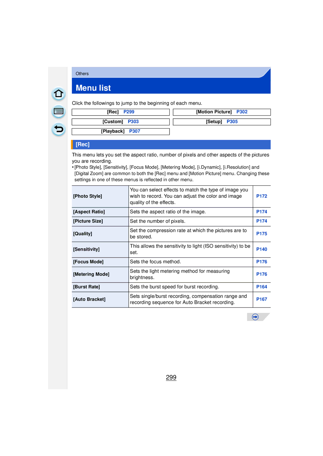 Panasonic DMCGF6KK owner manual Menu list, 299, Rec 