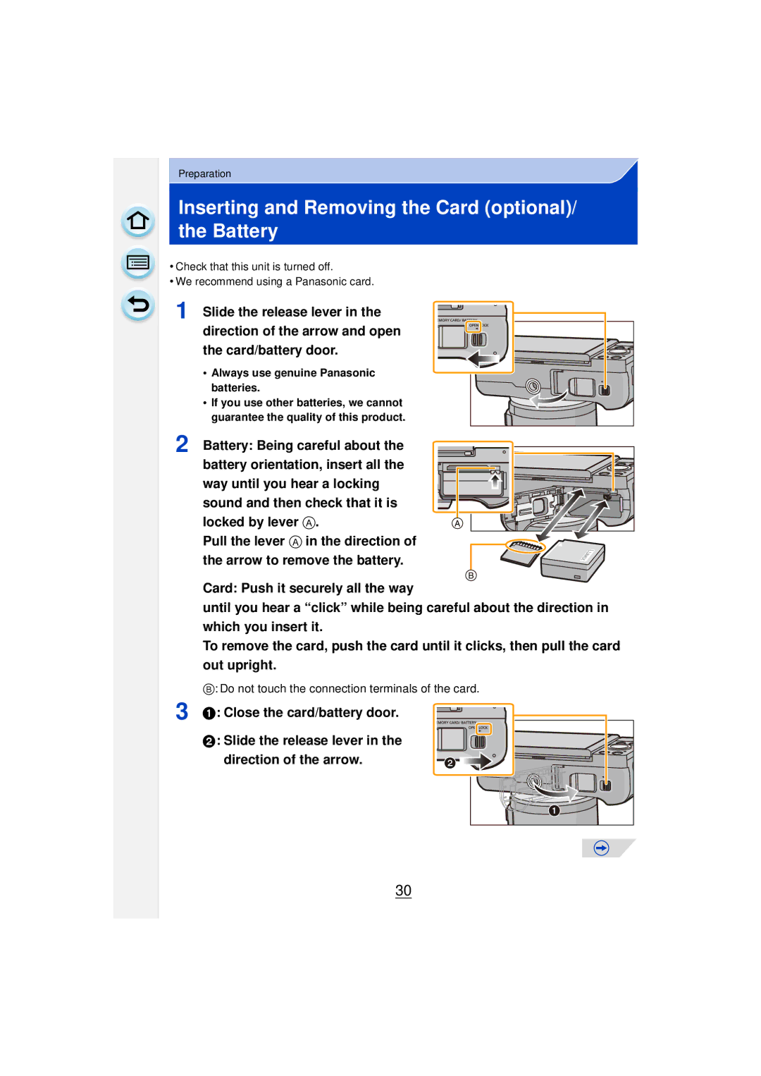 Panasonic DMCGF6KK owner manual Inserting and Removing the Card optional/ the Battery 