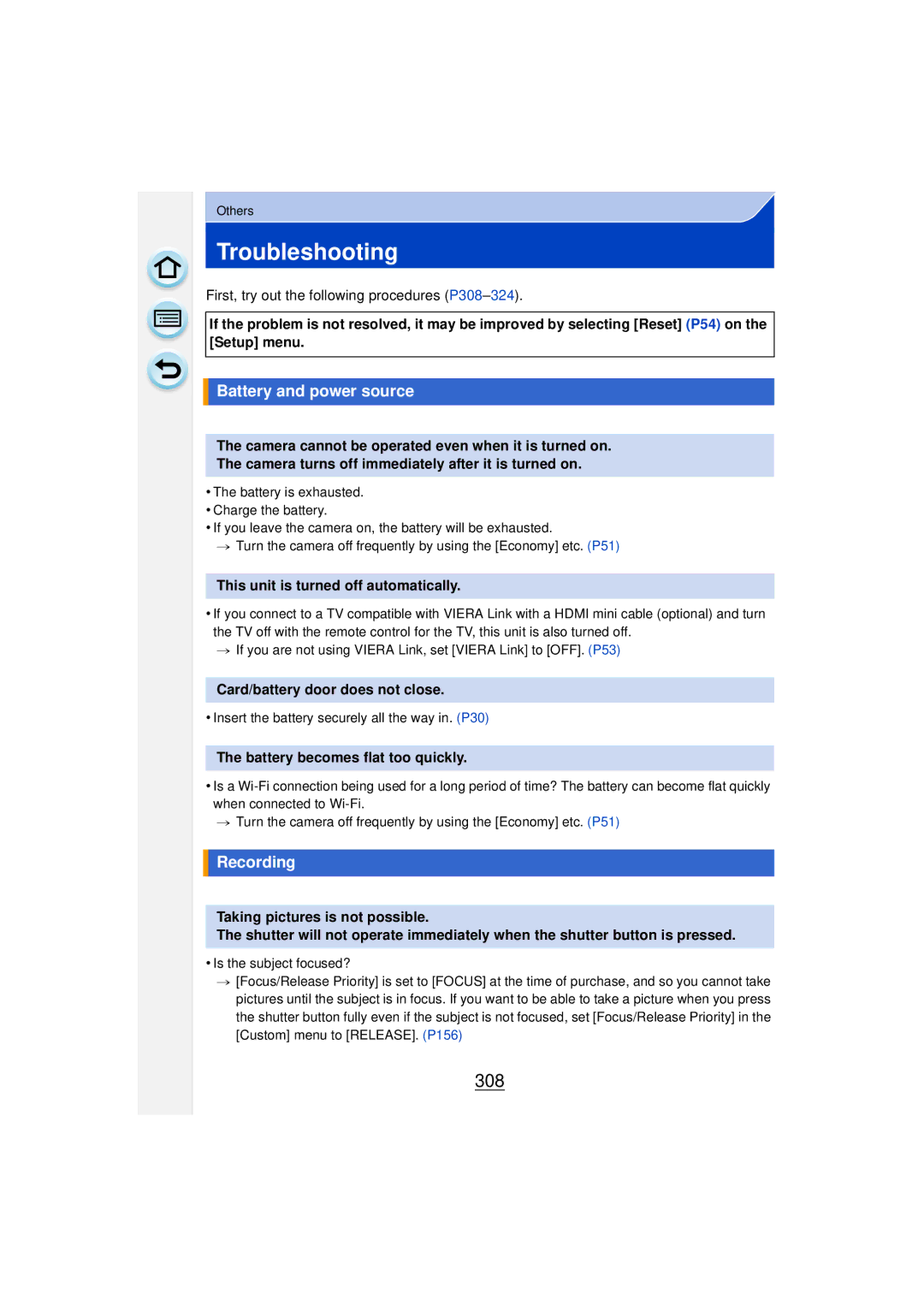 Panasonic DMCGF6KK owner manual Troubleshooting, 308, Battery and power source, Recording 