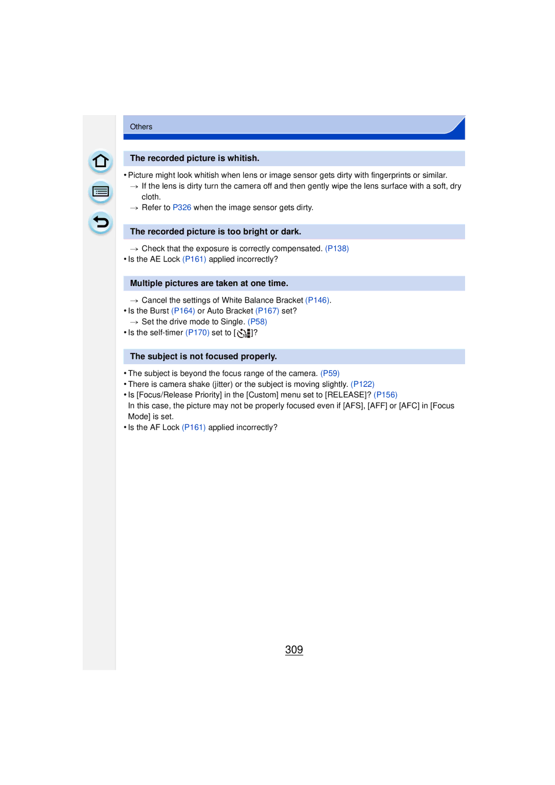 Panasonic DMCGF6KK owner manual 309, Recorded picture is whitish, Recorded picture is too bright or dark 