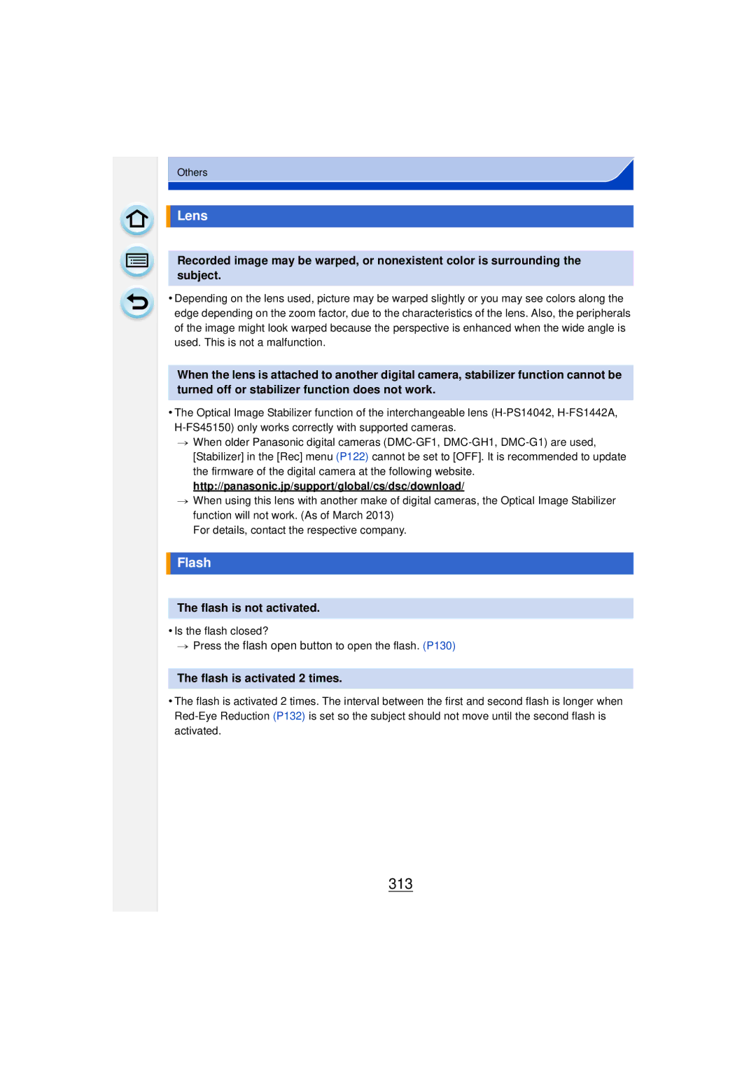 Panasonic DMCGF6KK owner manual 313, Lens, Flash is not activated, Flash is activated 2 times 