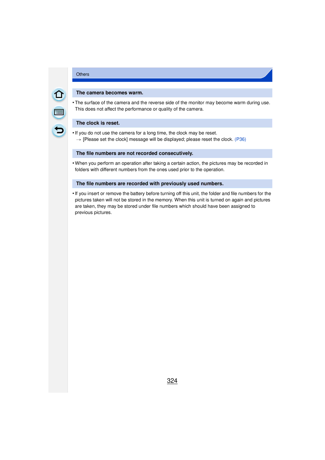 Panasonic DMCGF6KK owner manual 324, Camera becomes warm, Clock is reset, File numbers are not recorded consecutively 