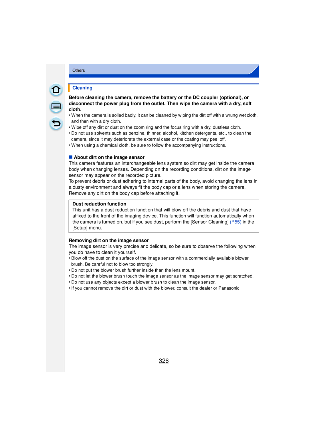 Panasonic DMCGF6KK owner manual 326, Cleaning, About dirt on the image sensor, Dust reduction function 