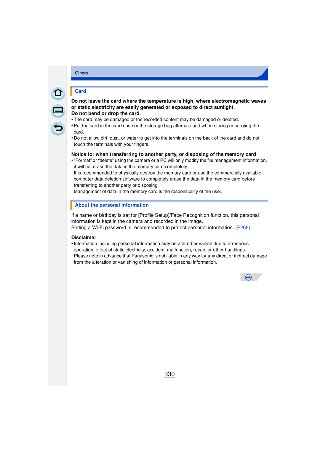 Panasonic DMCGF6KK owner manual 330, Card, Do not bend or drop the card, About the personal information, Disclaimer 